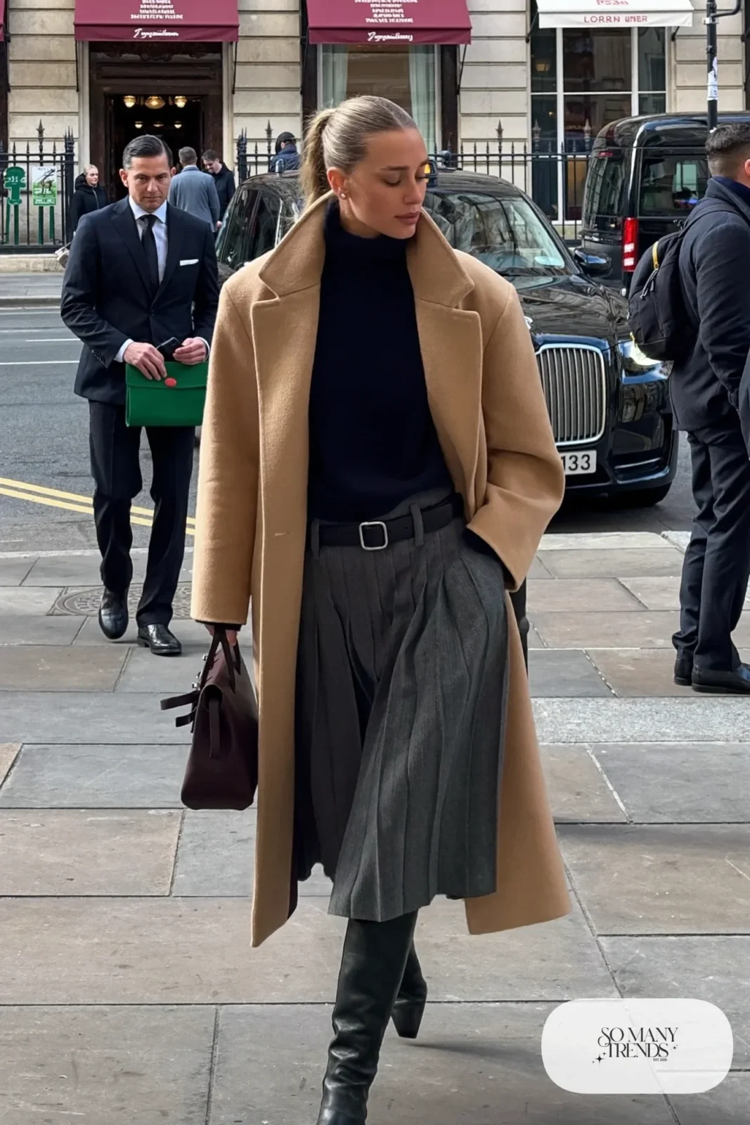 charcoal wool pleated midi skirt black fine knit sweater camel coat black knee-high boots leather belt outfit 10
