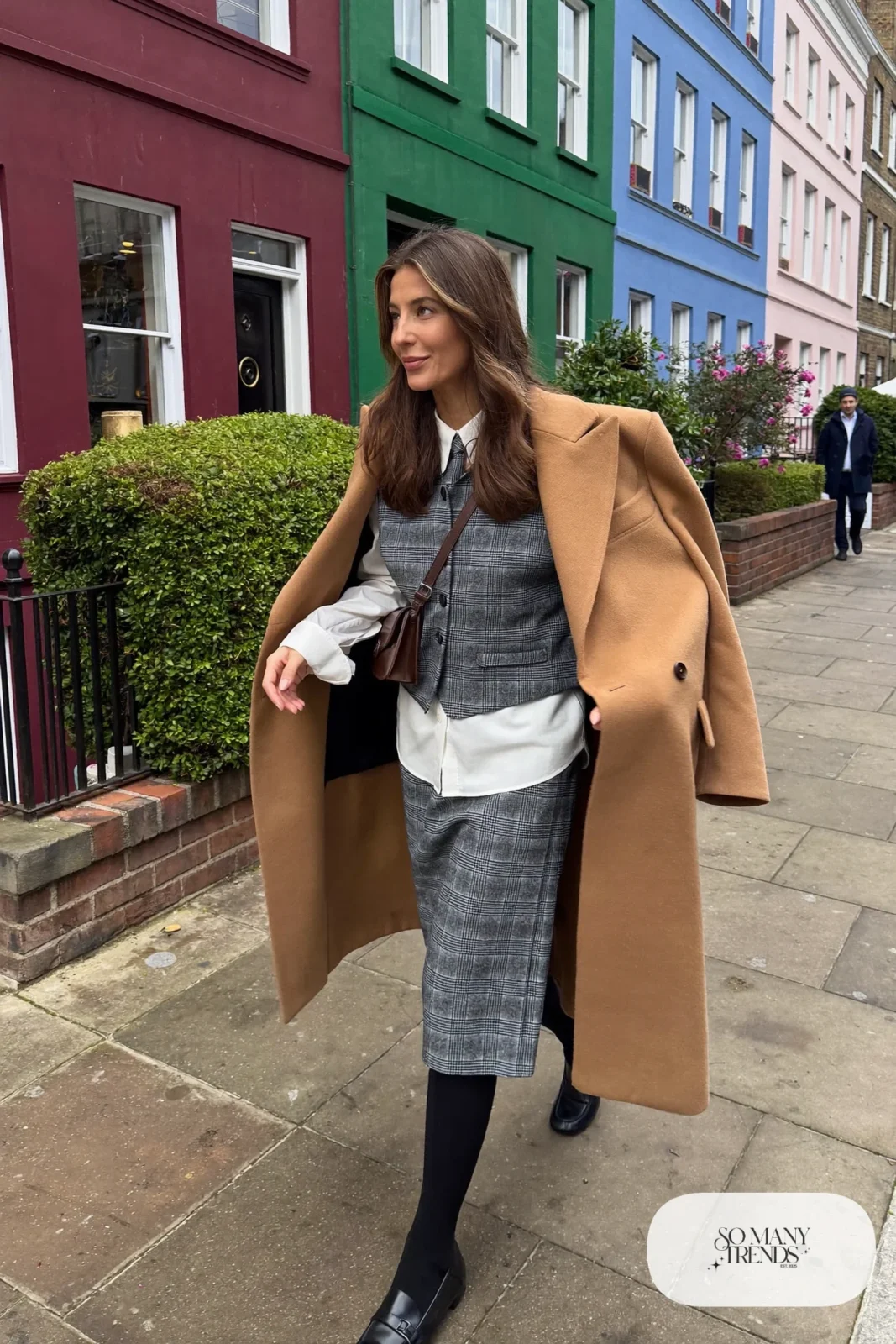 gray plaid wool vest and midi skirt set white poplin shirt black tights loafers camel overcoat outfit 13