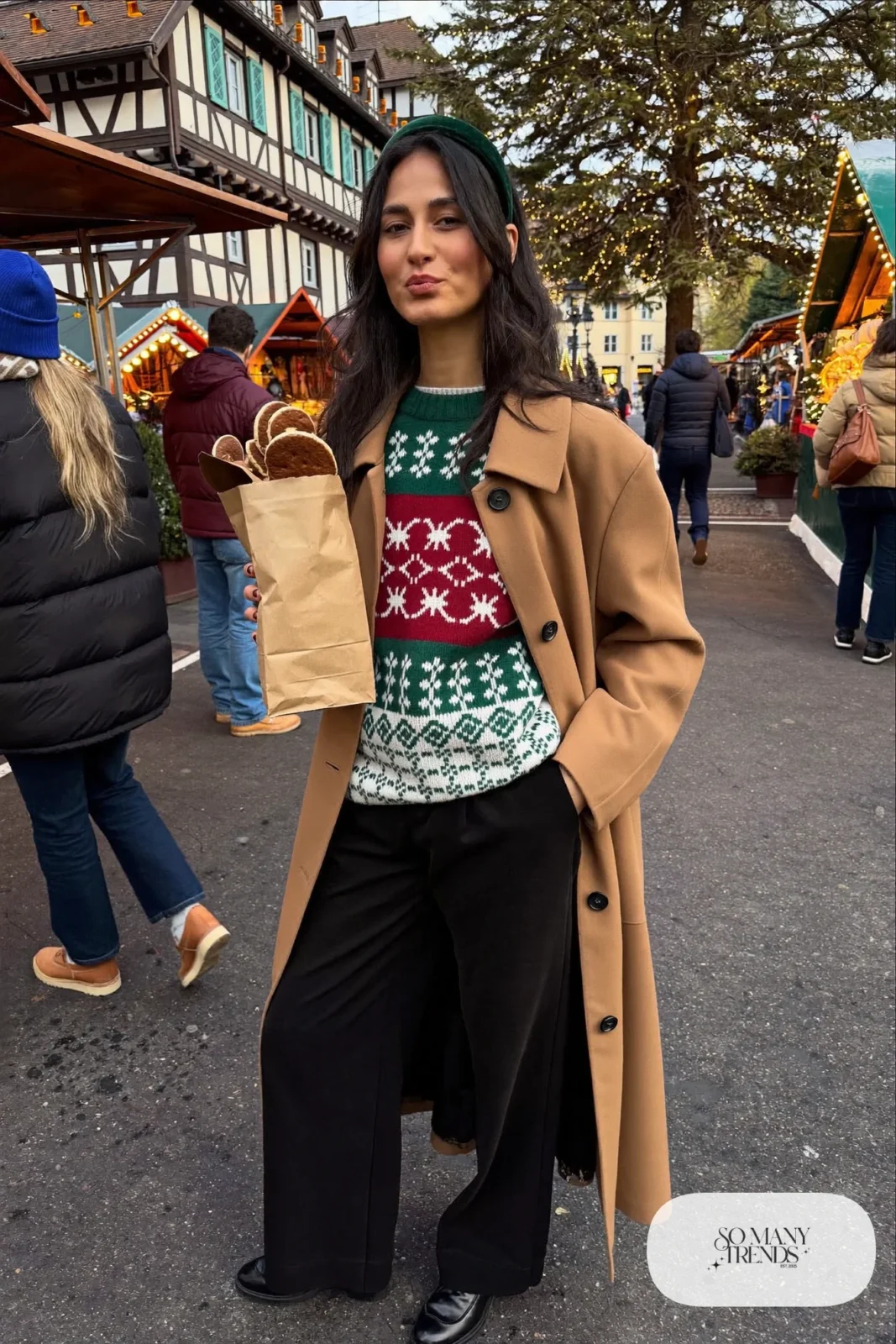 fair isle wool sweater forest green cream burgundy black wide-leg pants long camel coat velvet headband boots outfit 15