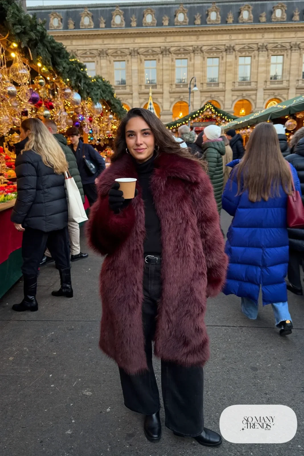 chocolate brown faux fur coat black turtleneck black wide-leg pants flat leather boots gold hoop earrings outfit 16