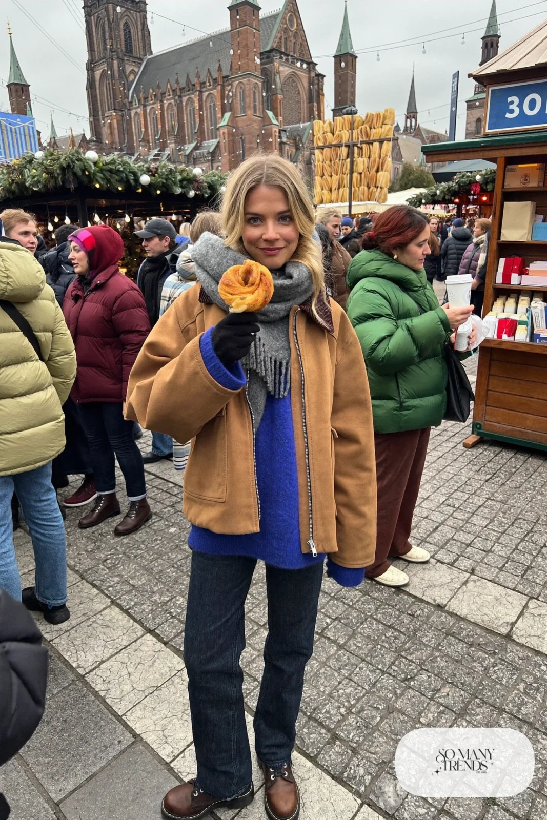 tan barn jacket corduroy collar cobalt blue sweater dark jeans gray wool scarf brown boots outfit 17
