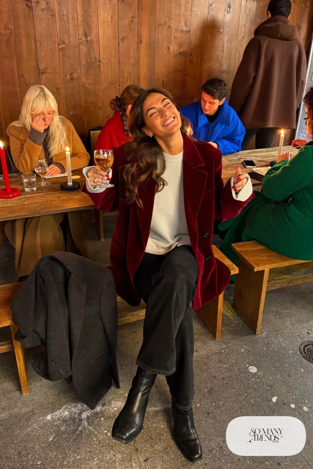 burgundy velvet blazer cream knit sweater black jeans long wool coat ankle boots outfit 18