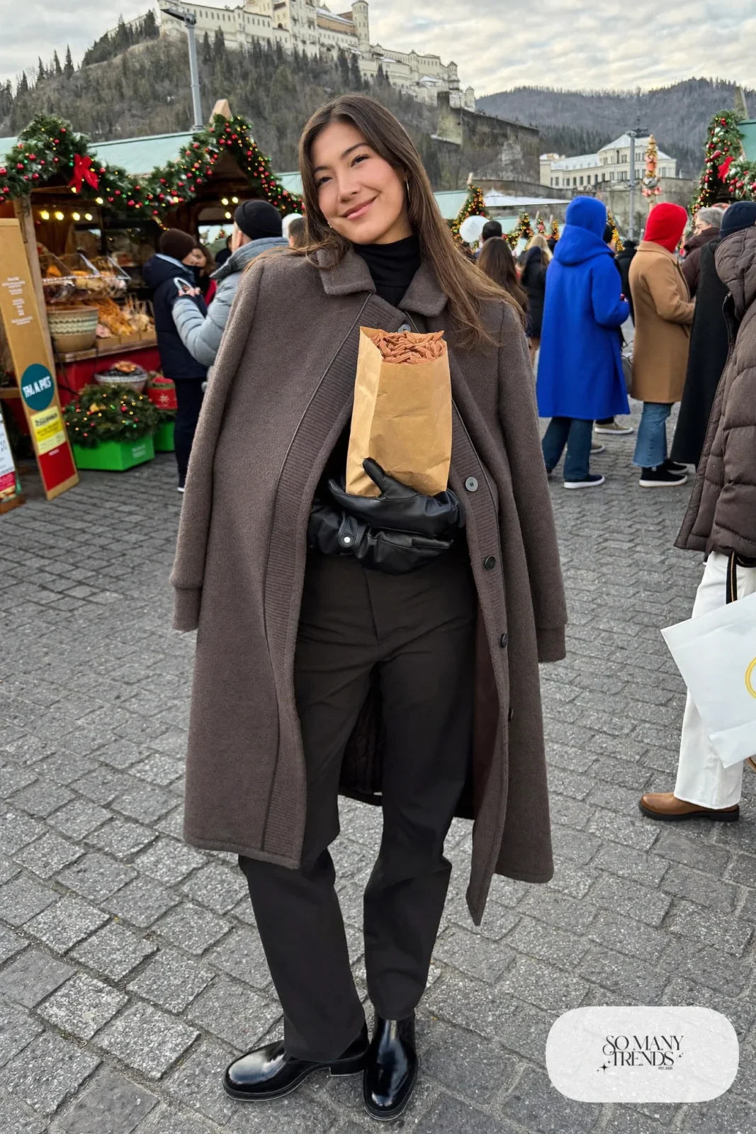 gray wool cape black turtleneck straight-leg pants leather gloves black boots outfit 19