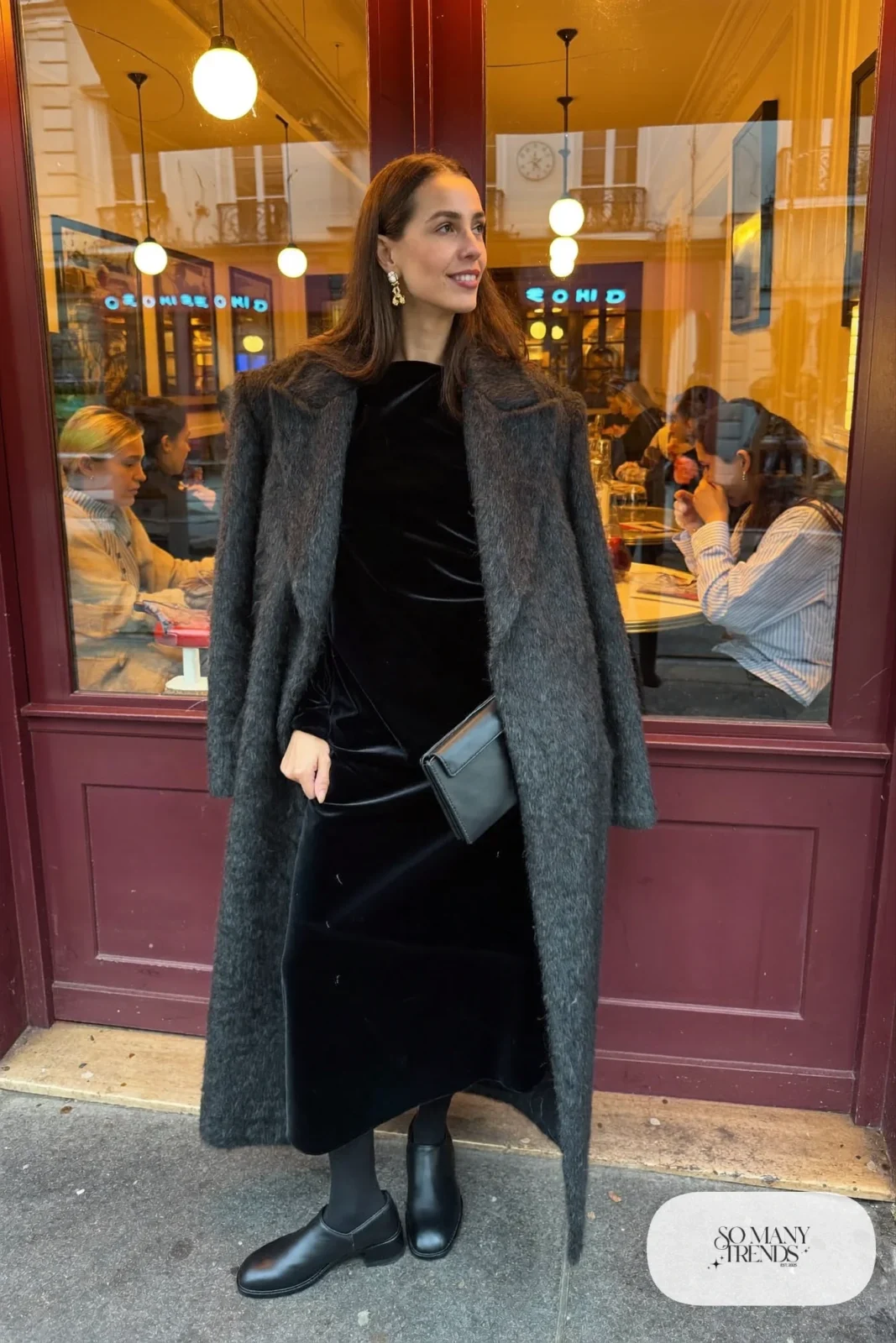 black velvet long-sleeve midi dress long wool coat fleece-lined tights block-heel boots gold earrings clutch outfit 21