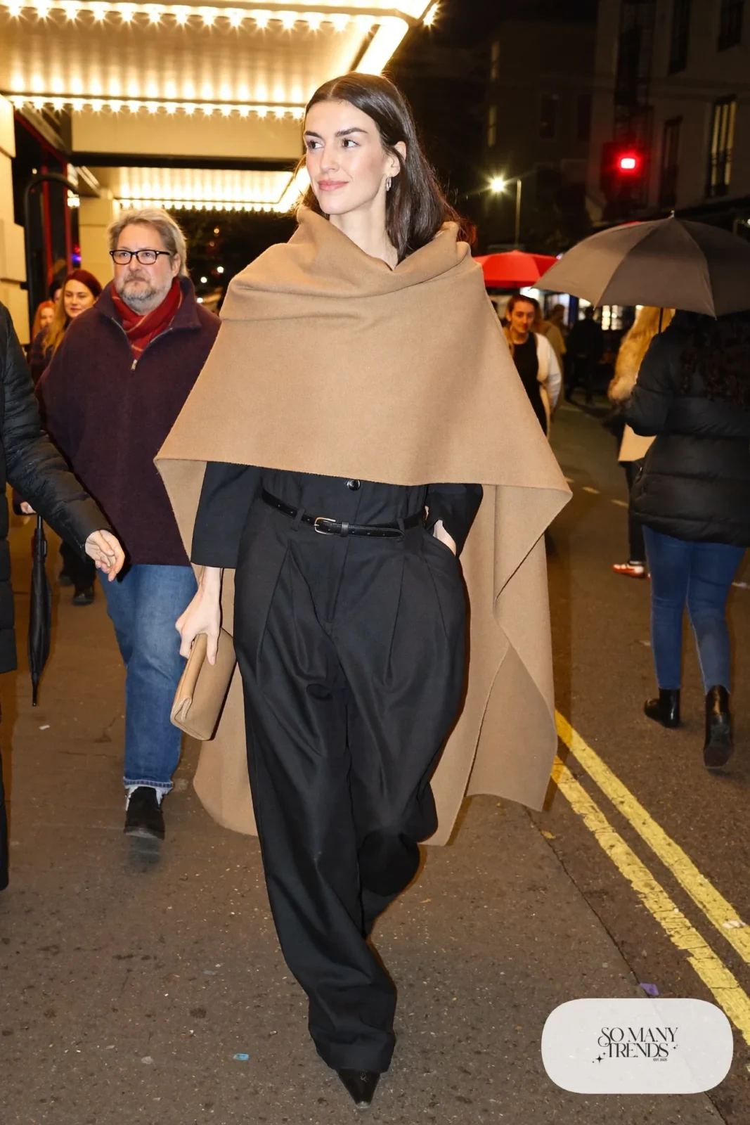 black wide-leg crepe jumpsuit camel wool wrap scarf pointed ankle boots leather belt outfit 23