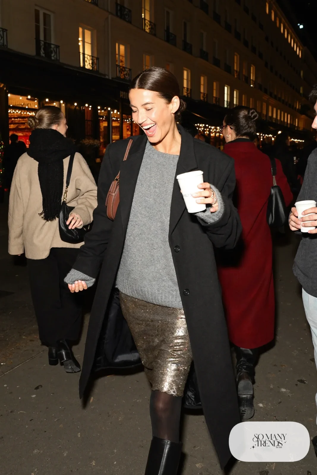 champagne sequin midi skirt chunky gray sweater long black coat opaque tights knee-high boots outfit 24