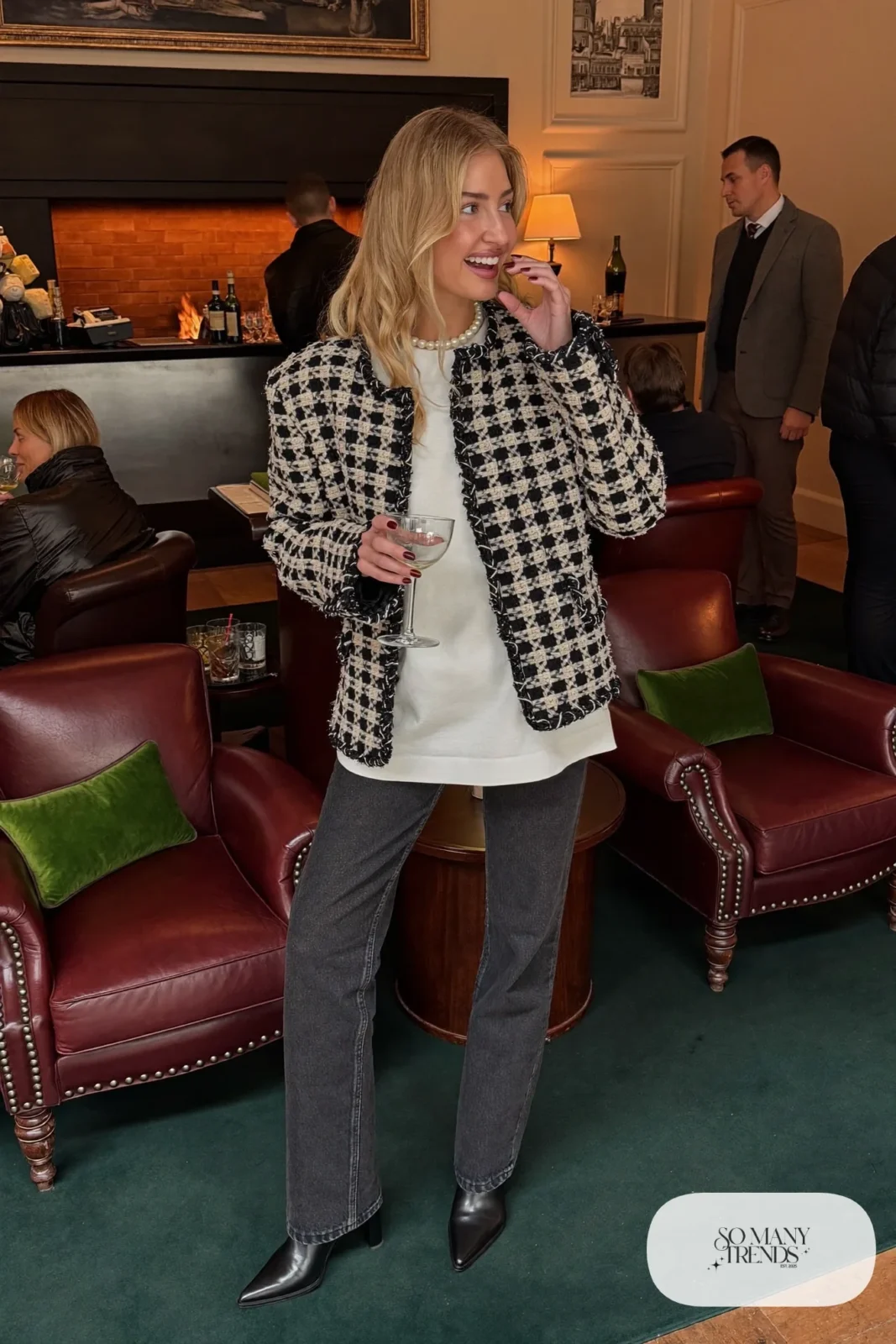 boxy black and cream tweed jacket white tee dark straight jeans pointed heeled boots pearl necklace outfit 26