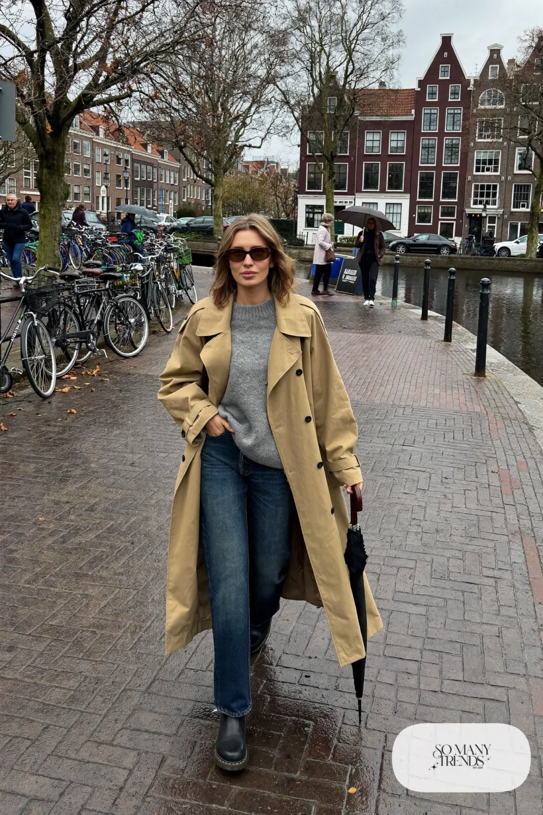 long khaki water-resistant trench coat thick gray sweater straight jeans rubber sole leather boots umbrella outfit 29
