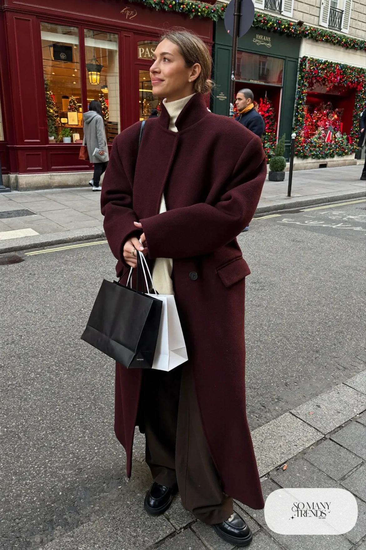 long deep plum wool coat black sweater wide-leg dark pants chunky loafers cream scarf outfit 32