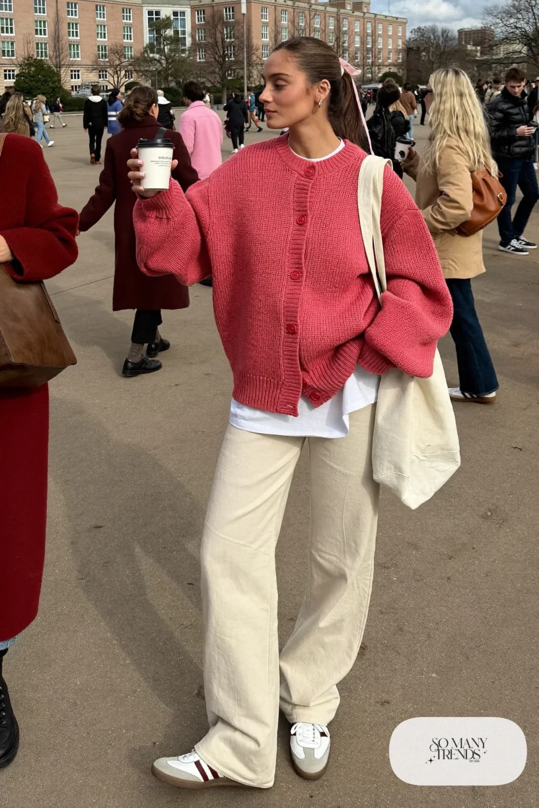 rose pink oversized cardigan white tee cream wide leg pants white sneakers canvas tote valentines class outfit 2