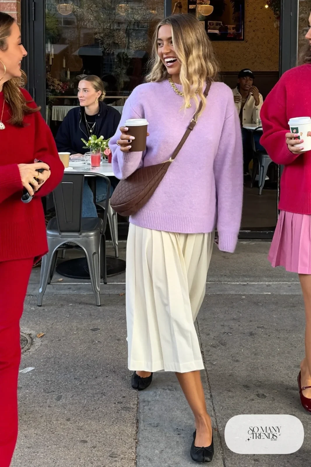 lilac knit sweater cream pleated midi skirt ballet flats quilted crossbody layered gold necklaces galentines brunch outfit 4