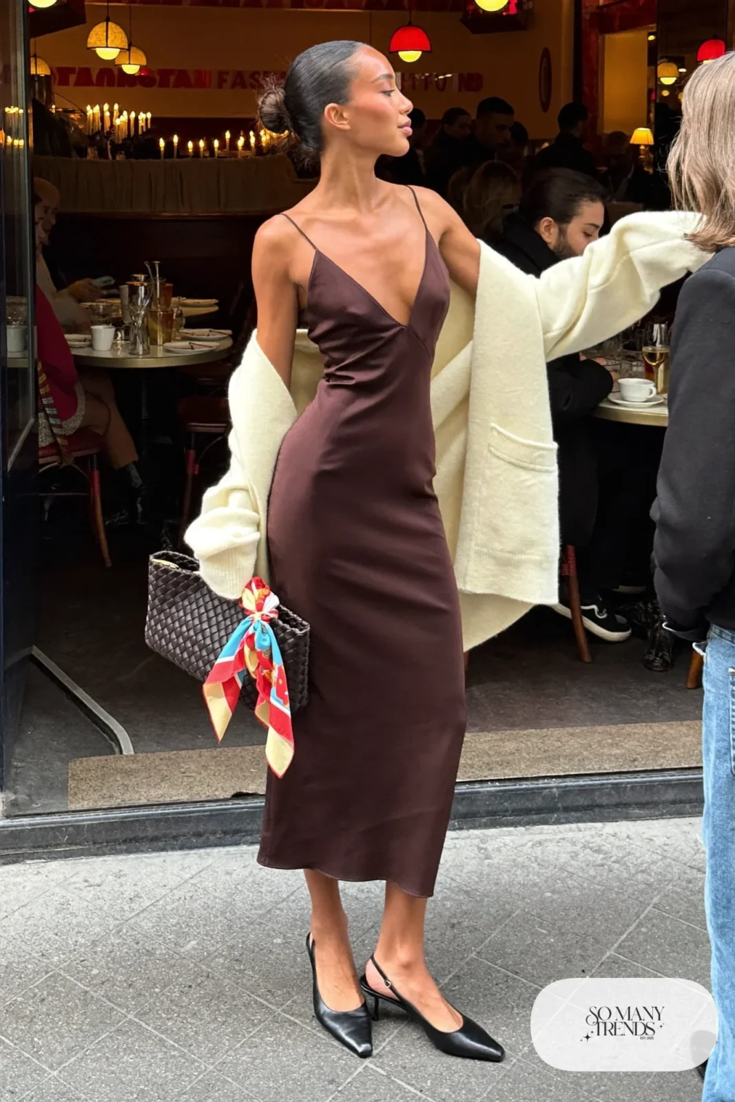 chocolate brown satin slip dress cream knit cardigan slingback heels woven clutch silk scarf valentines dinner outfit 6