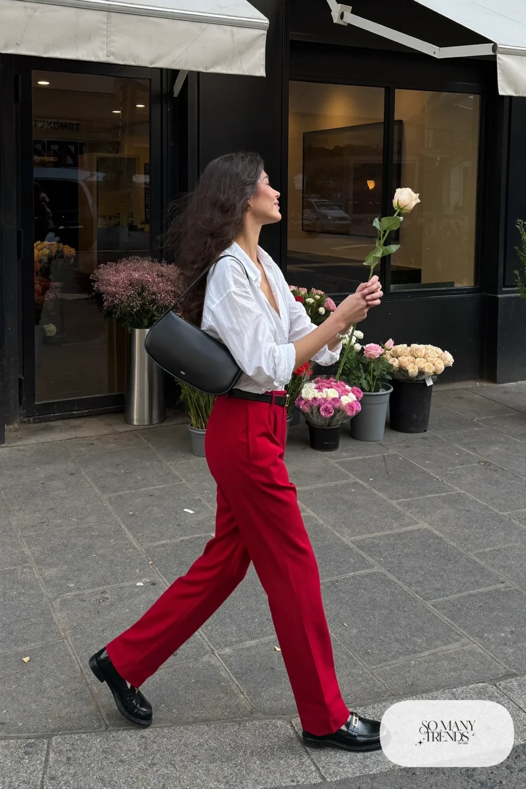 red wide leg pants white poplin shirt half tucked black loafers white socks leather belt valentines outfit 8