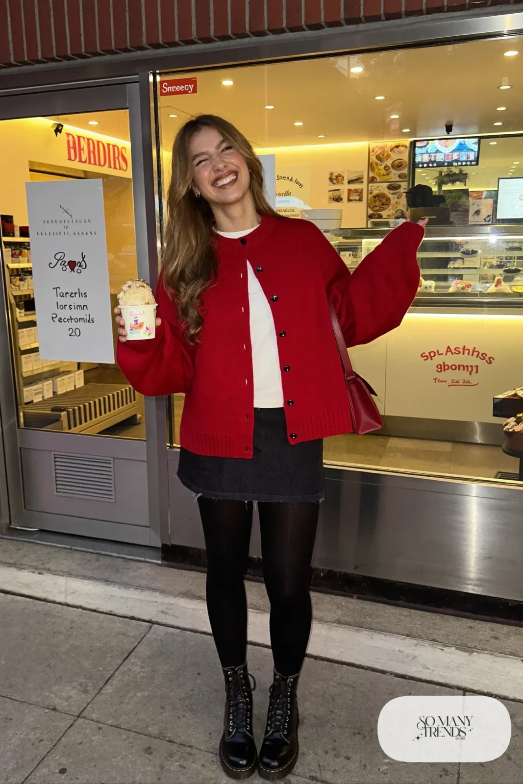 cherry red knit cardigan white tee denim mini skirt black tights combat boots small red bag valentines date outfit 9