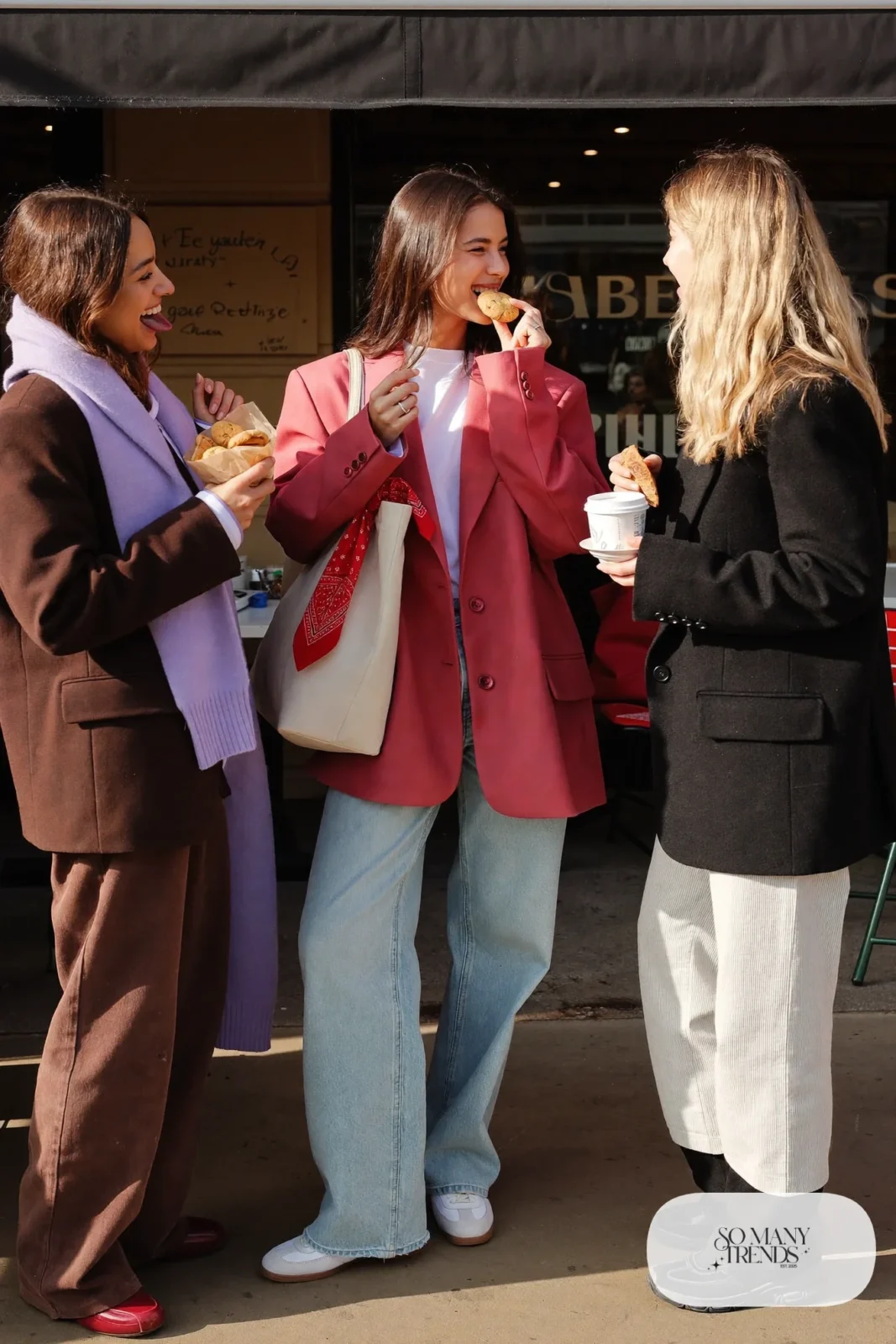 oversized pink blazer white tee relaxed light wash jeans white sneakers tote bag bandana galentines outfit 11