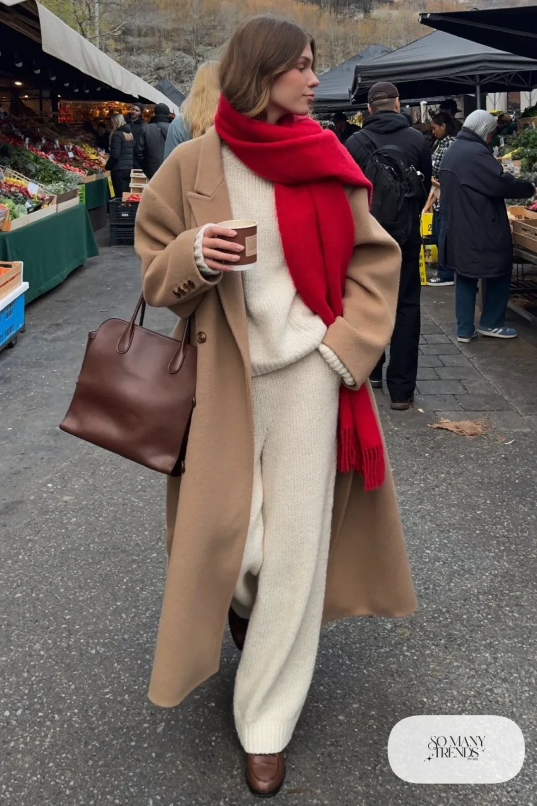cream knit sweater and wide leg pant set red wool scarf camel long coat brown loafers leather tote valentines outfit 13