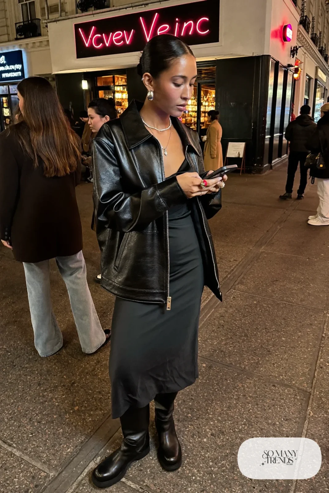 black satin midi slip dress boxy black leather jacket chunky black boots silver jewelry valentines date outfit 15