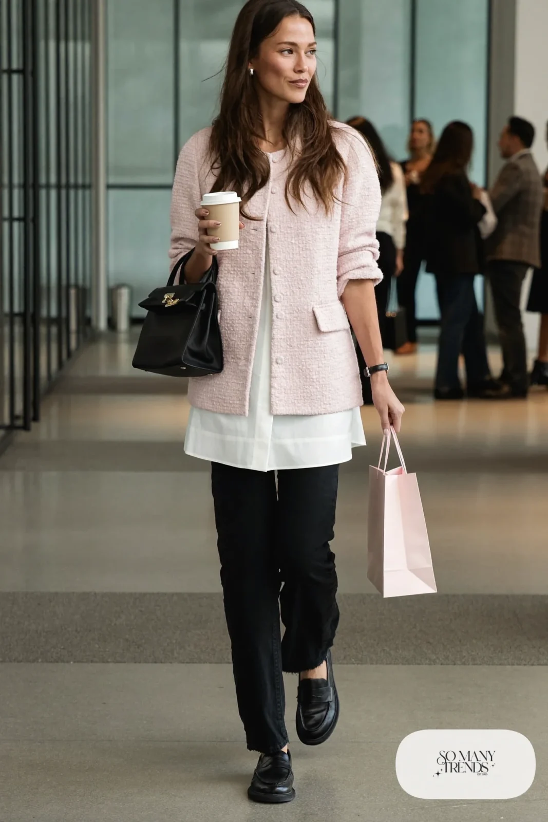 pale pink boxy tweed jacket white shirt black straight leg pants black loafers pearl earrings valentines work outfit 16