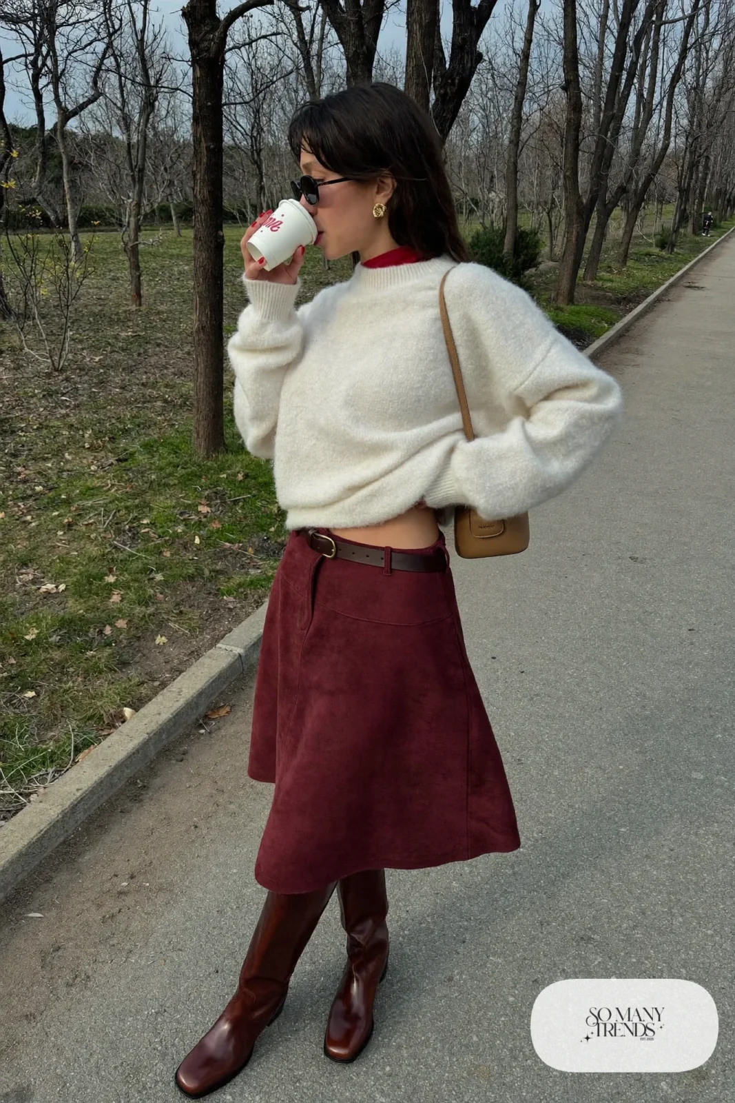 burgundy suede midi skirt cream chunky sweater tall brown boots tan shoulder bag belt valentines date outfit 17