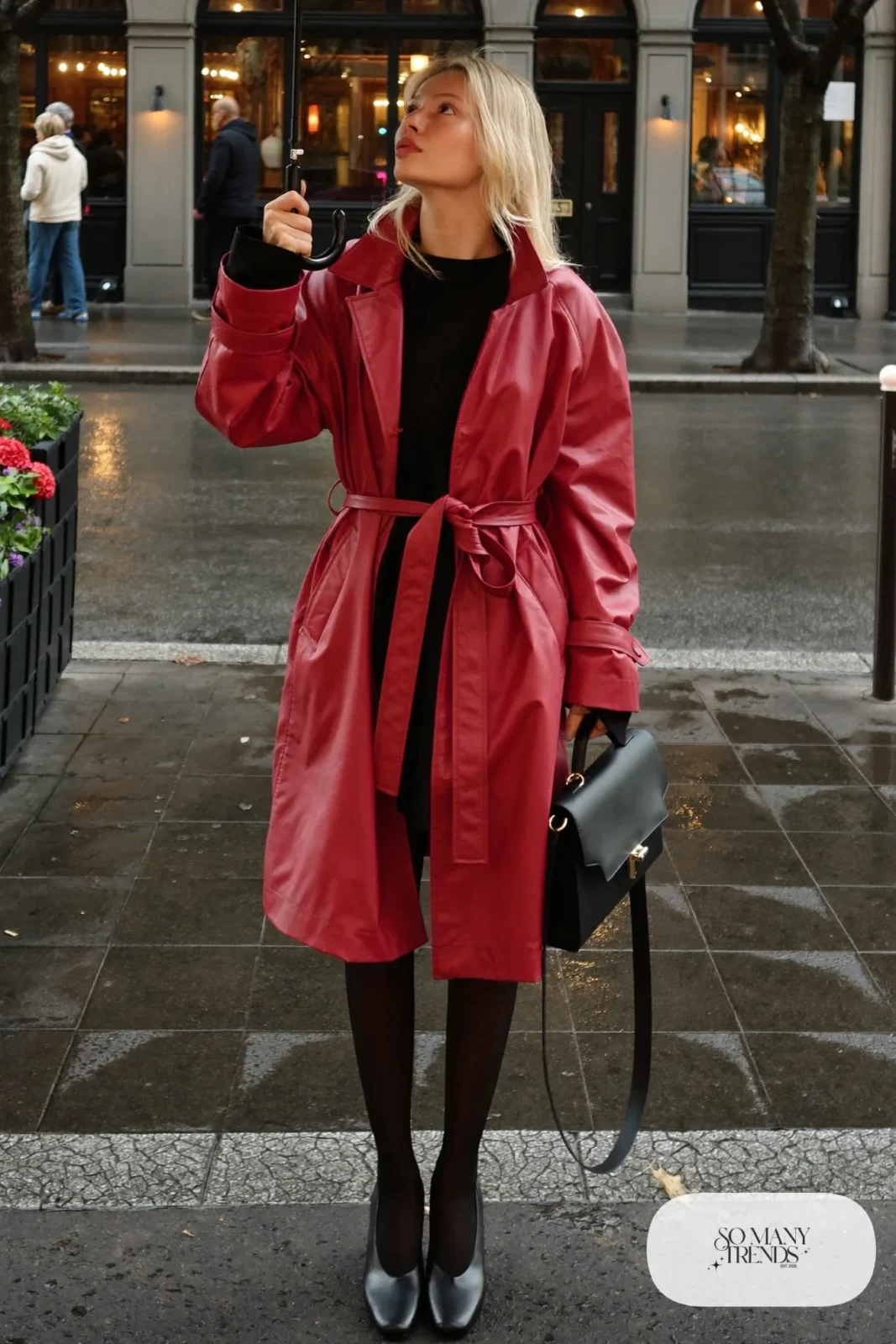 cherry red long trench coat black mini dress sheer tights black pumps small black bag valentines outfit 18
