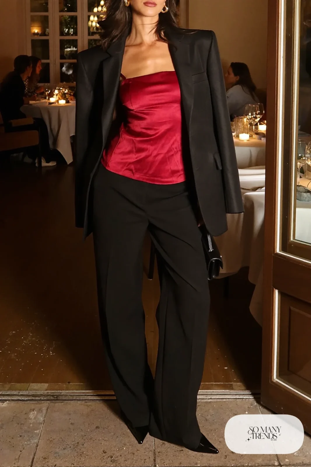 red satin cami black tailored pants long black blazer pointed heels small clutch gold earrings valentines dinner outfit 20