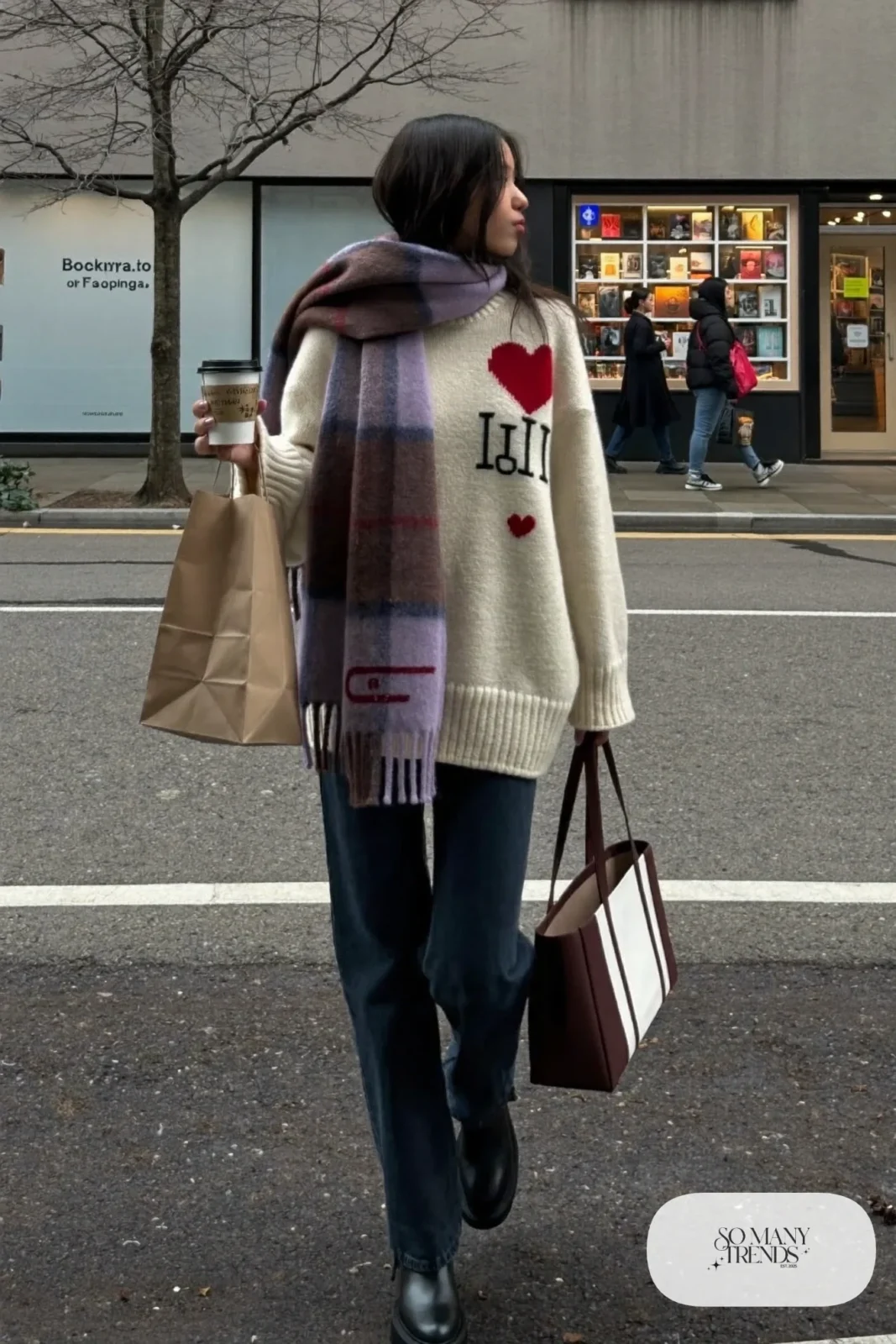 cream and red heart pattern knit sweater dark straight jeans black ankle boots plaid scarf valentines casual outfit 21