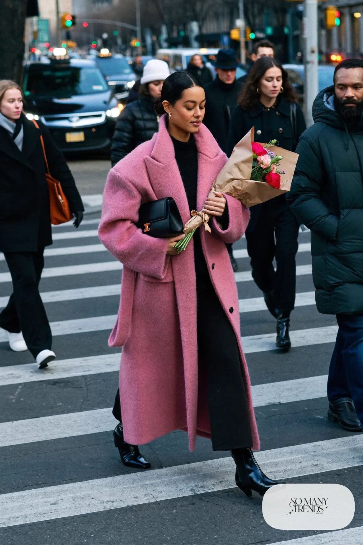 long dusty pink wool coat black knit sweater black wide leg pants black boots leather bag valentines outfit 22