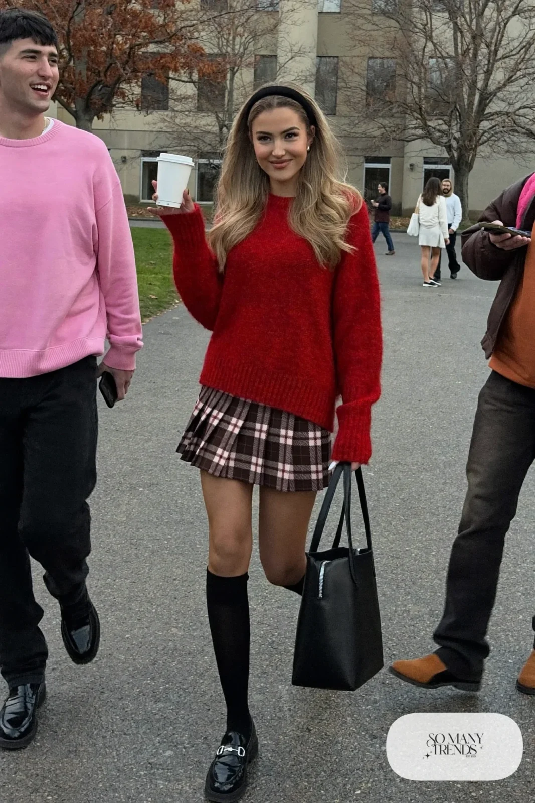 red knit sweater plaid pleated mini skirt black knee socks black loafers structured tote headband valentines class outfit 23