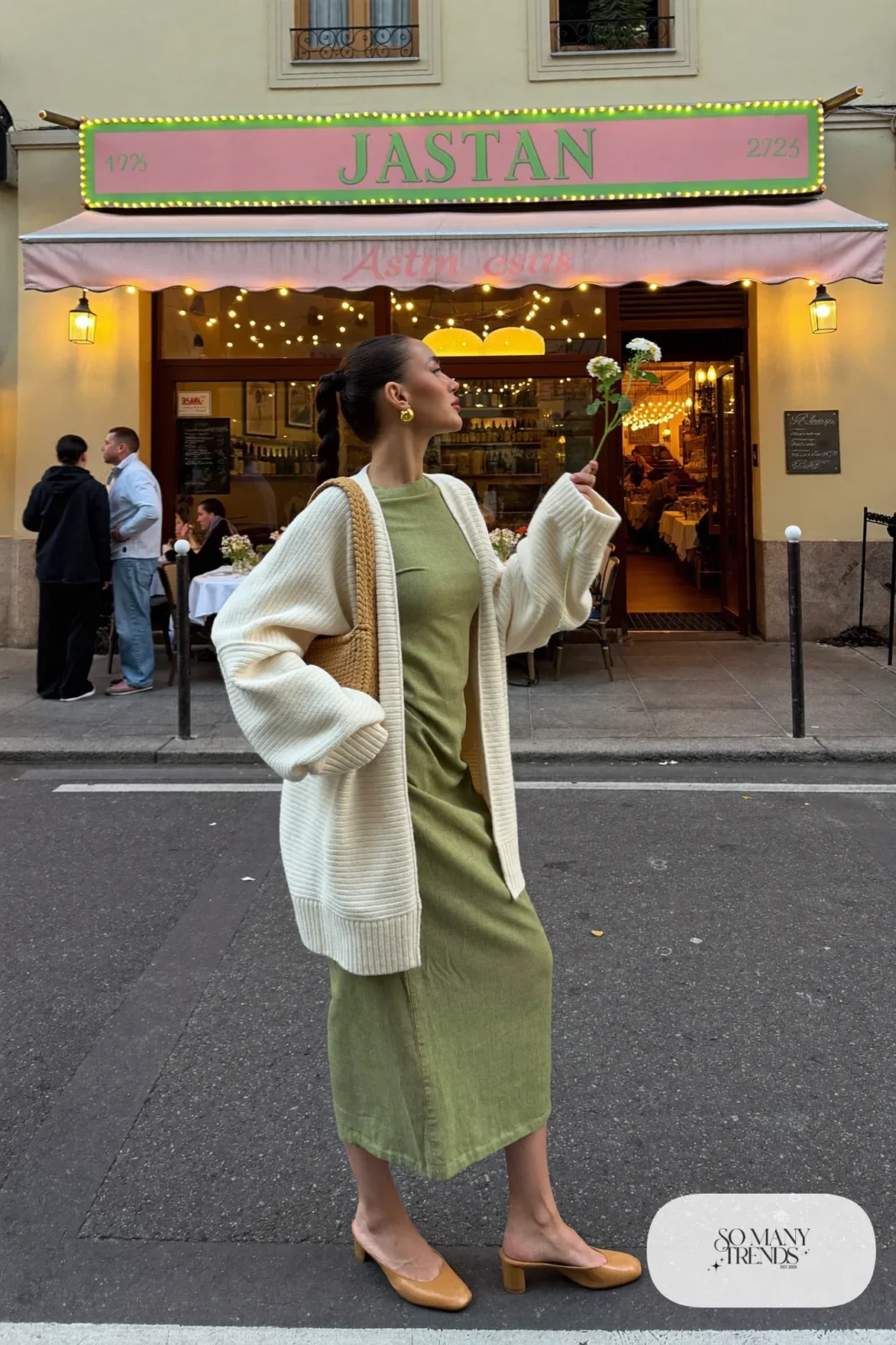 sage green midi dress cream cardigan tan heeled sandals woven bag gold jewelry valentines date outfit 24
