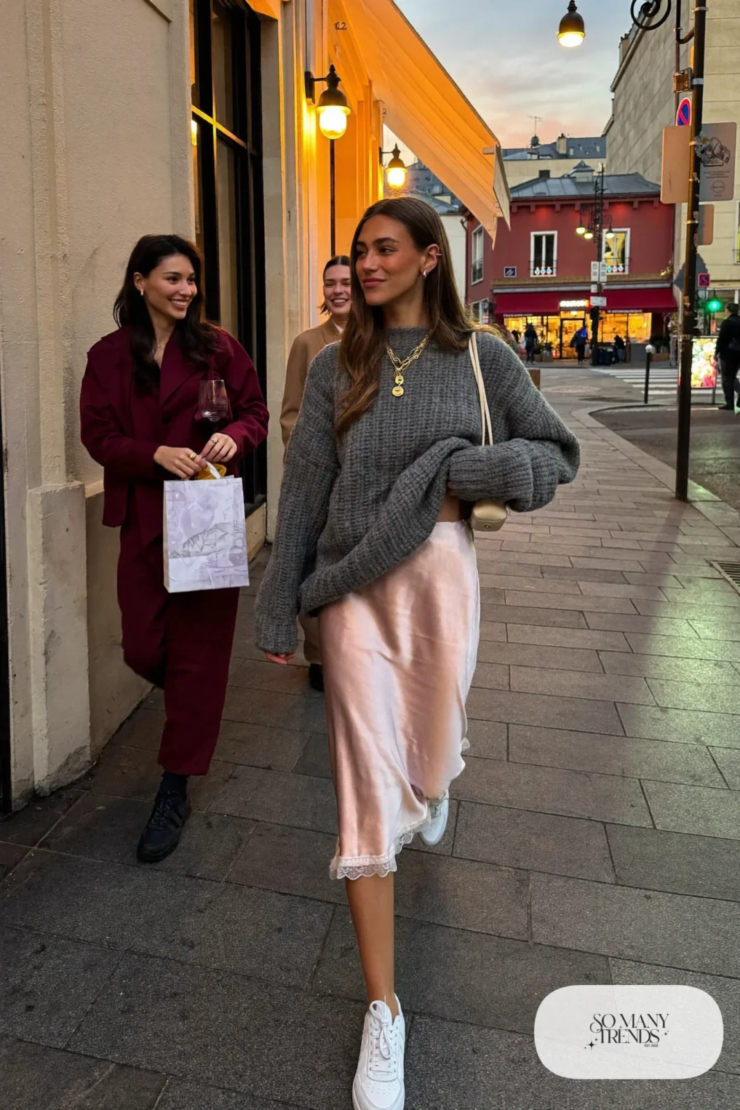 pink lace trim satin slip skirt chunky gray knit sweater chunky white sneakers small shoulder bag galentines dinner outfit 26
