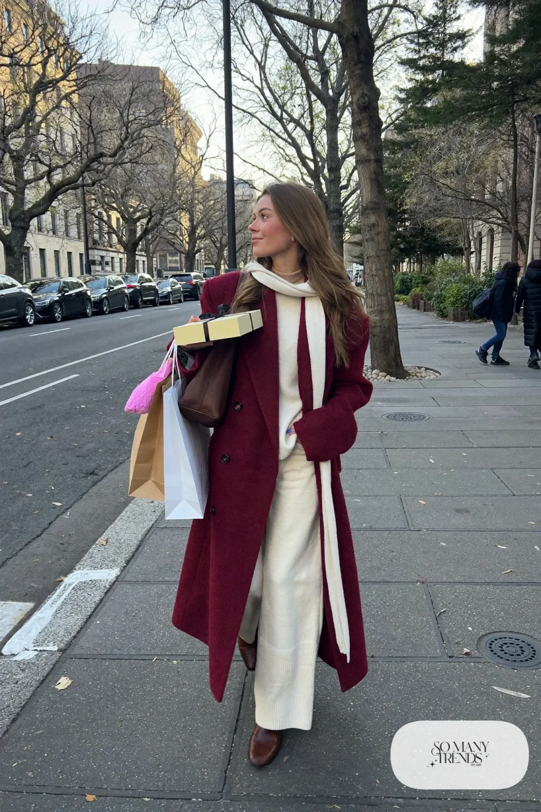 long berry wool coat cream knit sweater cream wide leg pants brown boots leather bag scarf valentines outfit 27