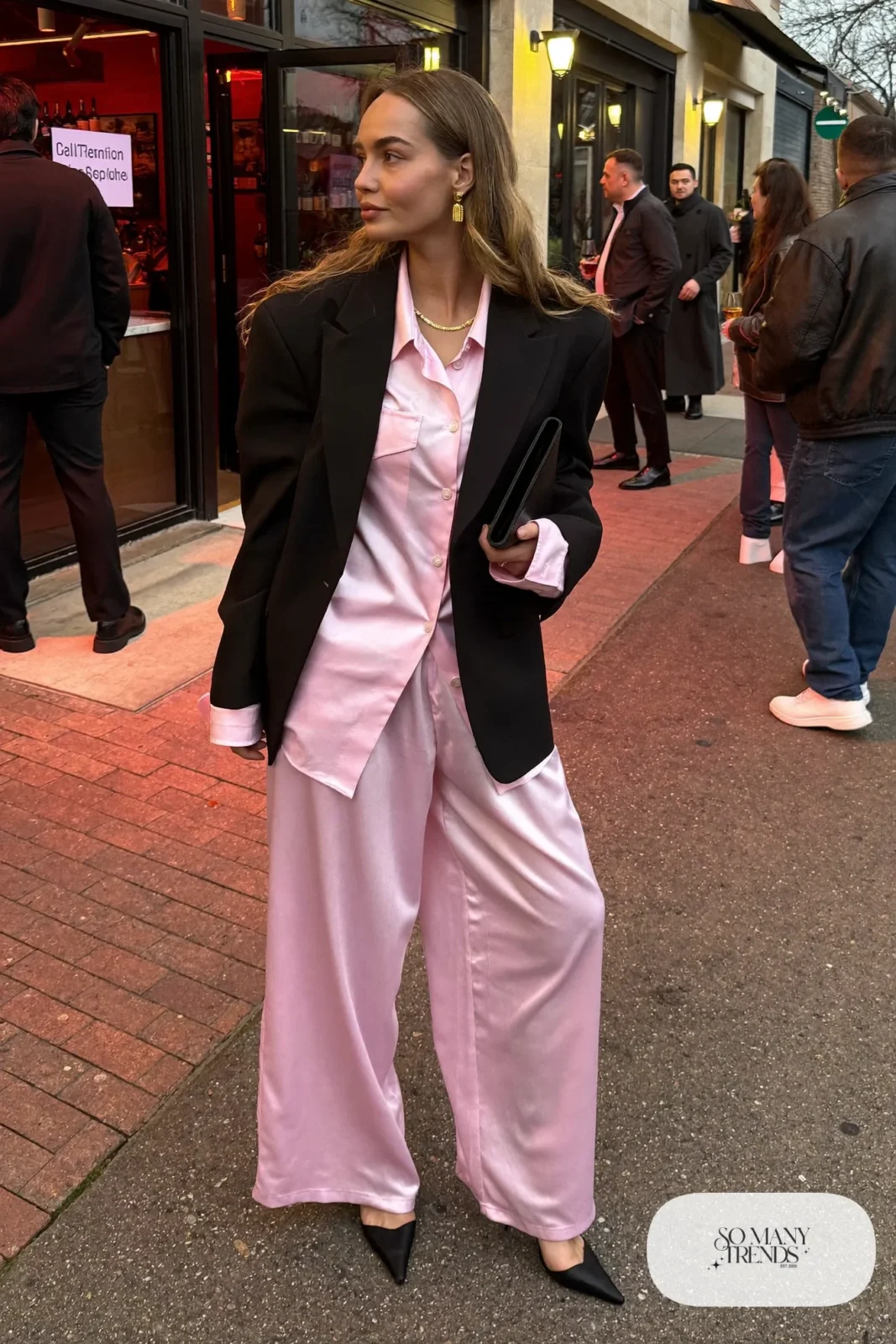 pink satin shirt and pants set black oversized blazer pointed heels small clutch gold jewelry valentines dinner outfit 28