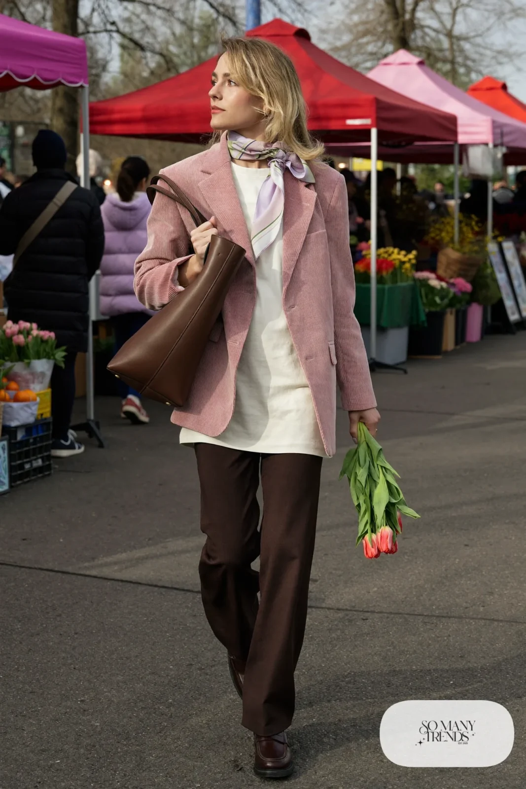 pink corduroy oversized blazer cream tee brown straight pants brown loafers tote silk neck scarf valentines outfit 32