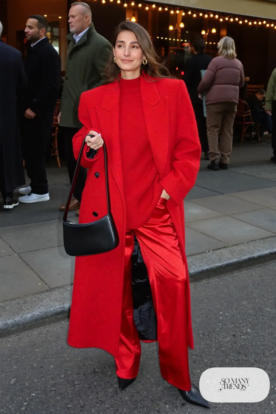 red ribbed knit sweater red satin wide leg pants long red wool coat black pointed boots black bag valentines monochrome outfit 33