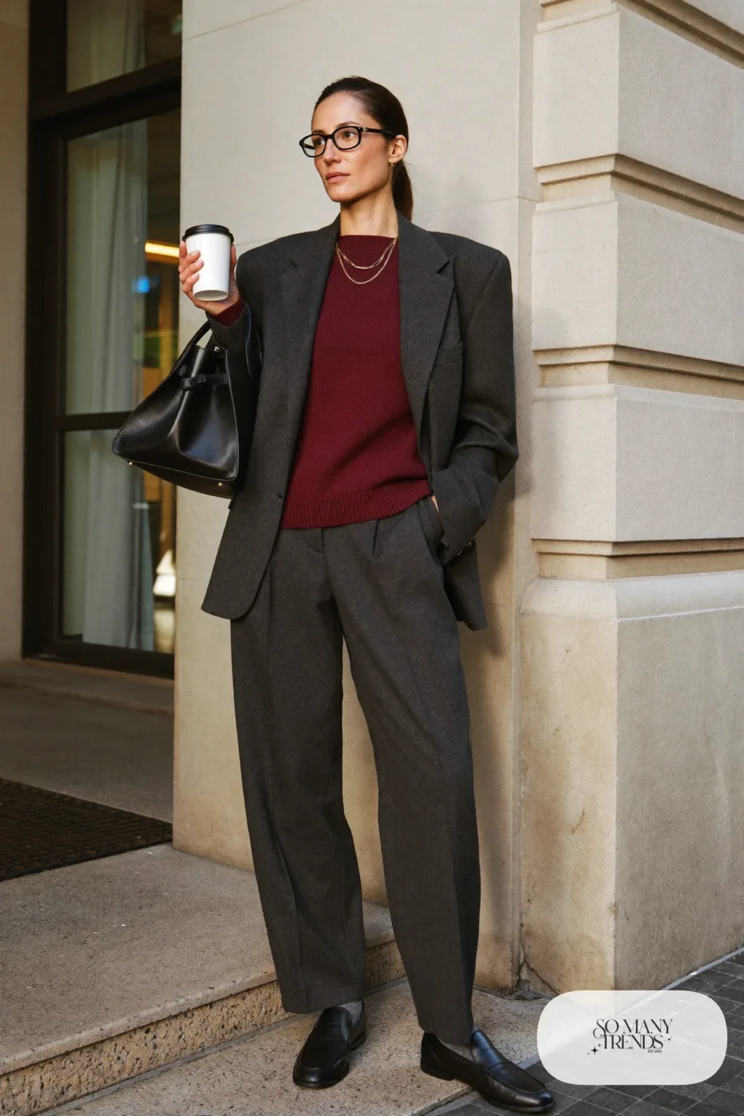 charcoal oversized blazer wide-leg pants burgundy sweater black loafers office outfit 1