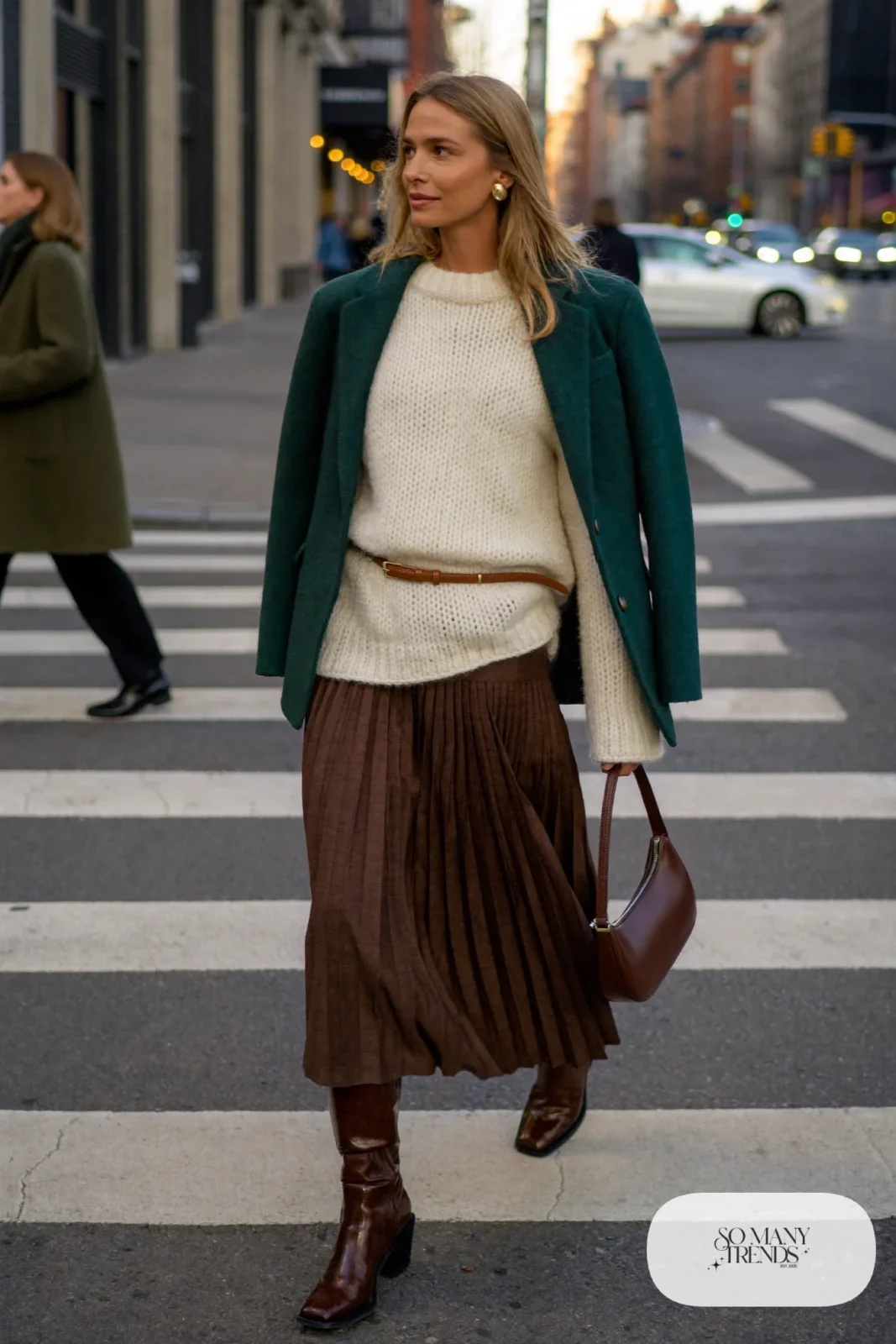 chocolate brown pleated midi skirt ivory sweater brown knee-high boots belt outfit 4