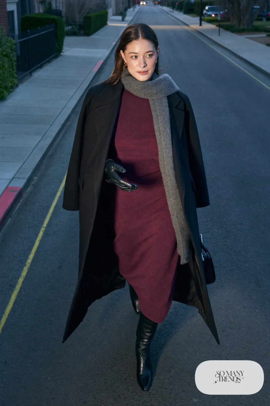 plum knit midi dress long black wool coat black tall boots scarf outfit 6