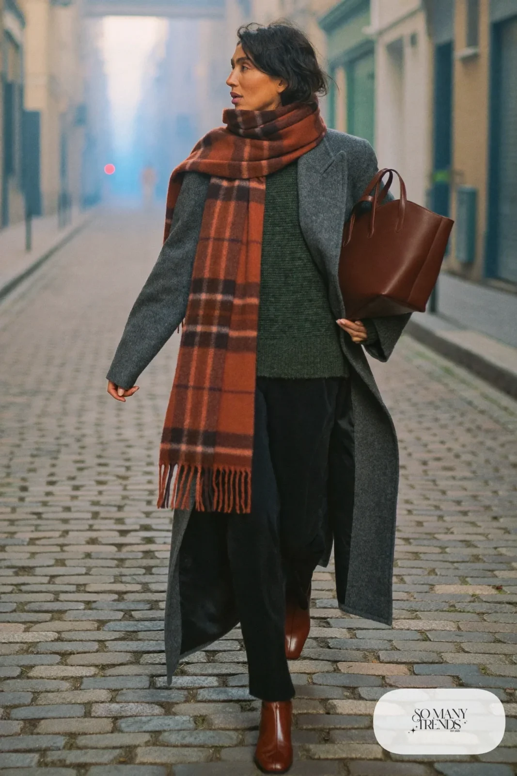 gray wool overcoat rust plaid scarf black pants brown boots green sweater outfit 12
