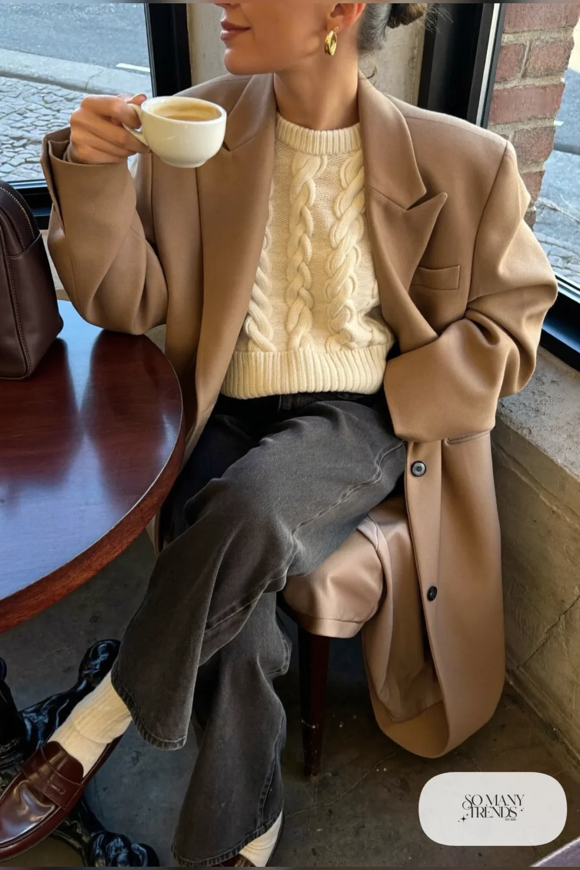 cream cable knit sweater dark wide-leg jeans camel blazer loafers outfit 14
