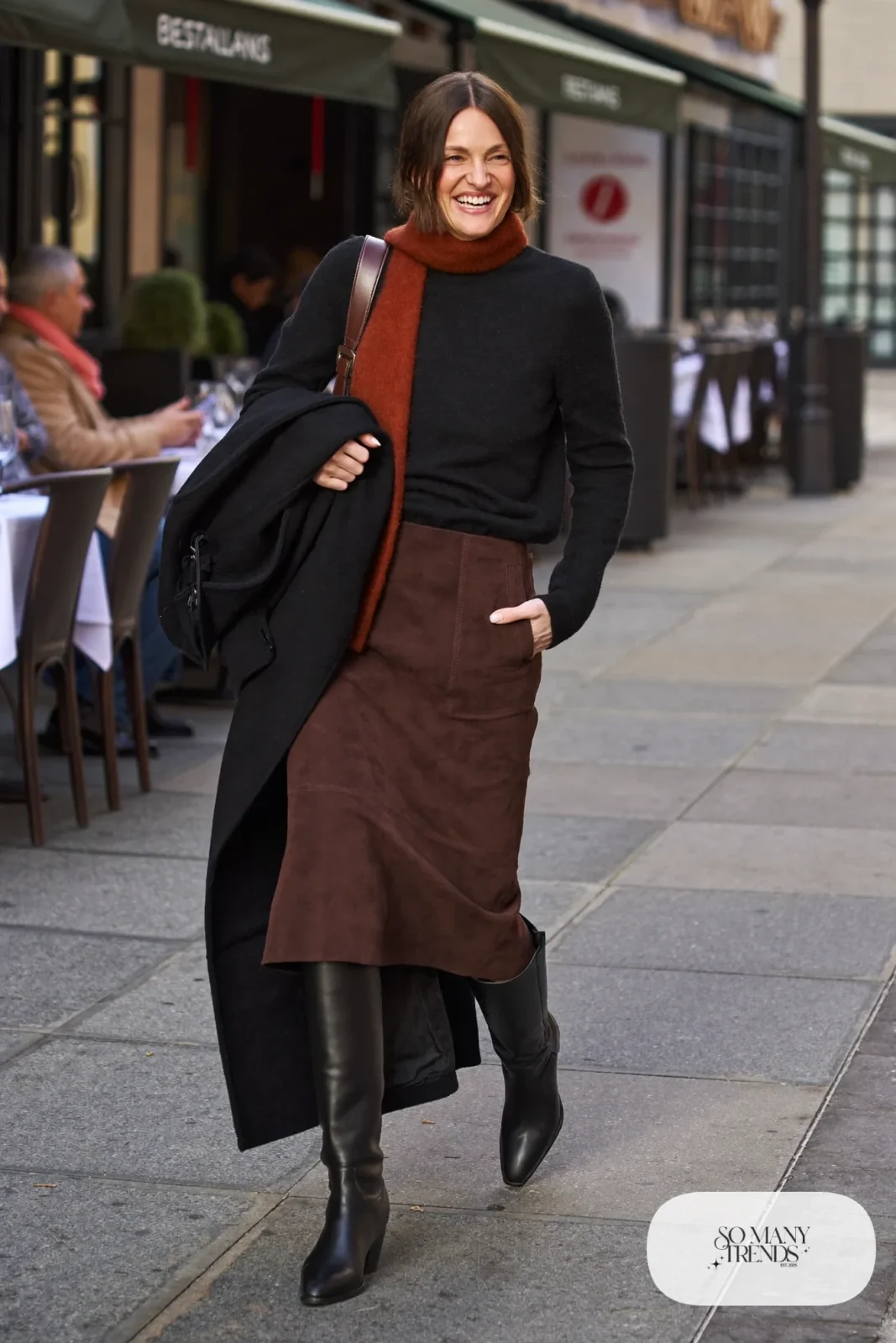 chocolate brown suede midi skirt black fine knit black tall boots outfit 15