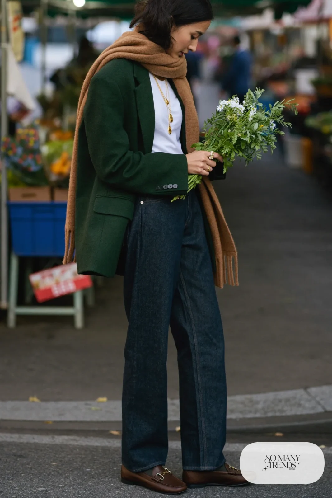 forest green oversized blazer white tee dark straight jeans brown loafers outfit 16