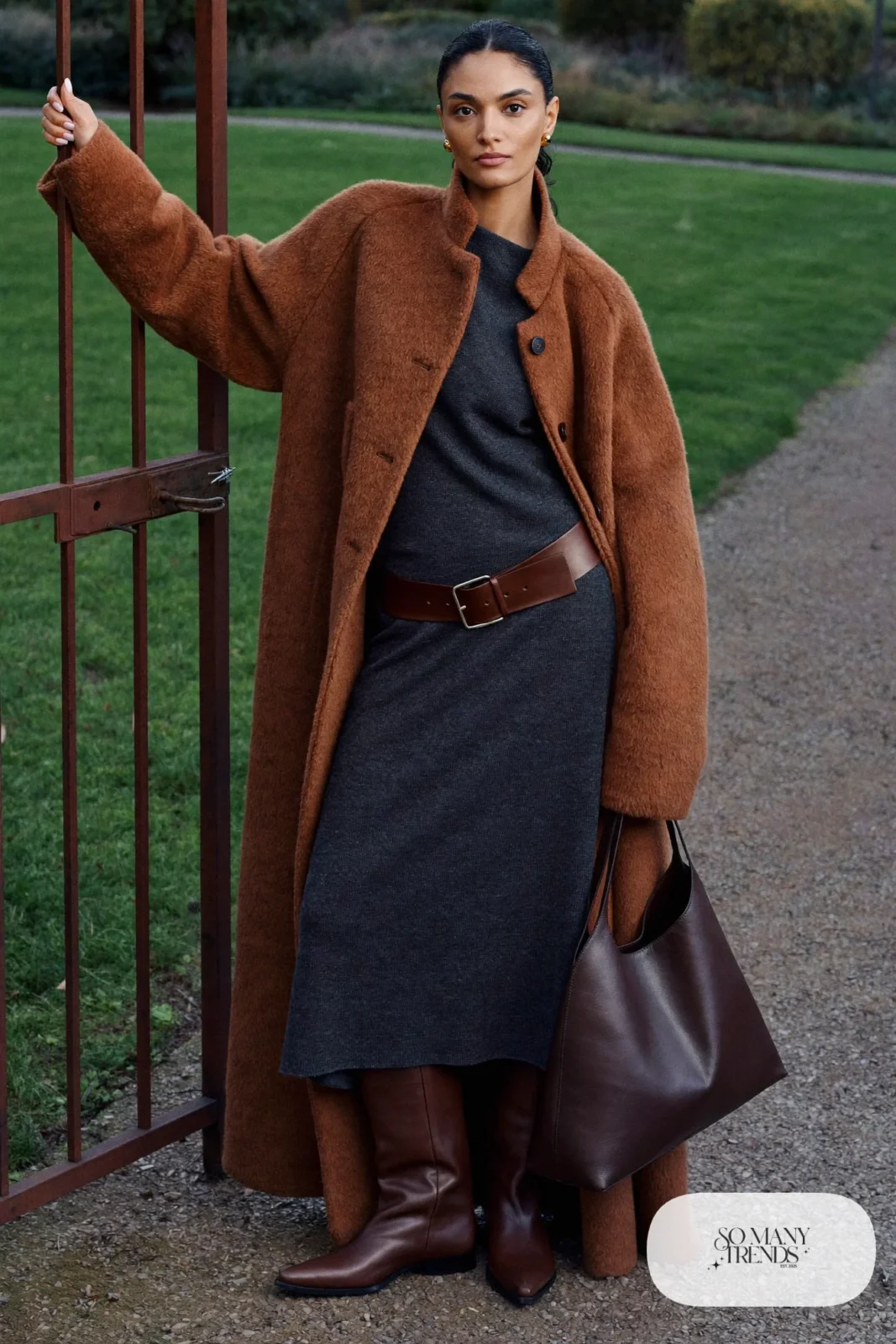 charcoal knit midi dress wide brown belt tall brown boots long coat outfit 17