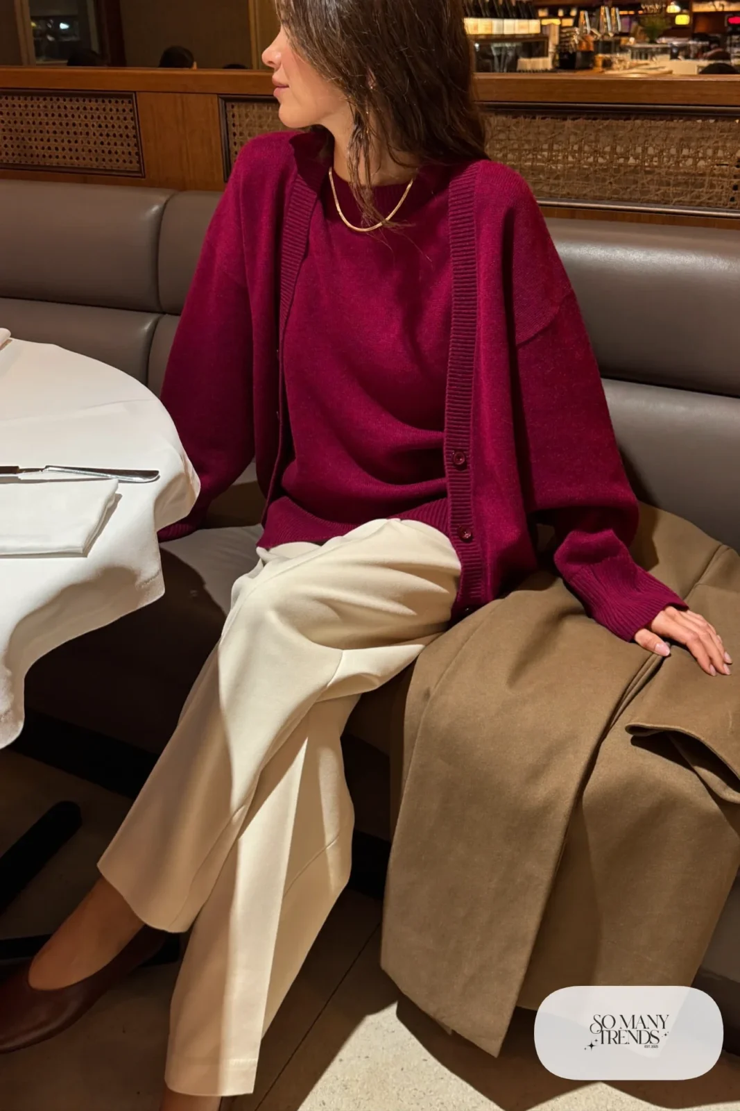 burgundy knit cardigan shell set cream wide pants brown flats outfit 18