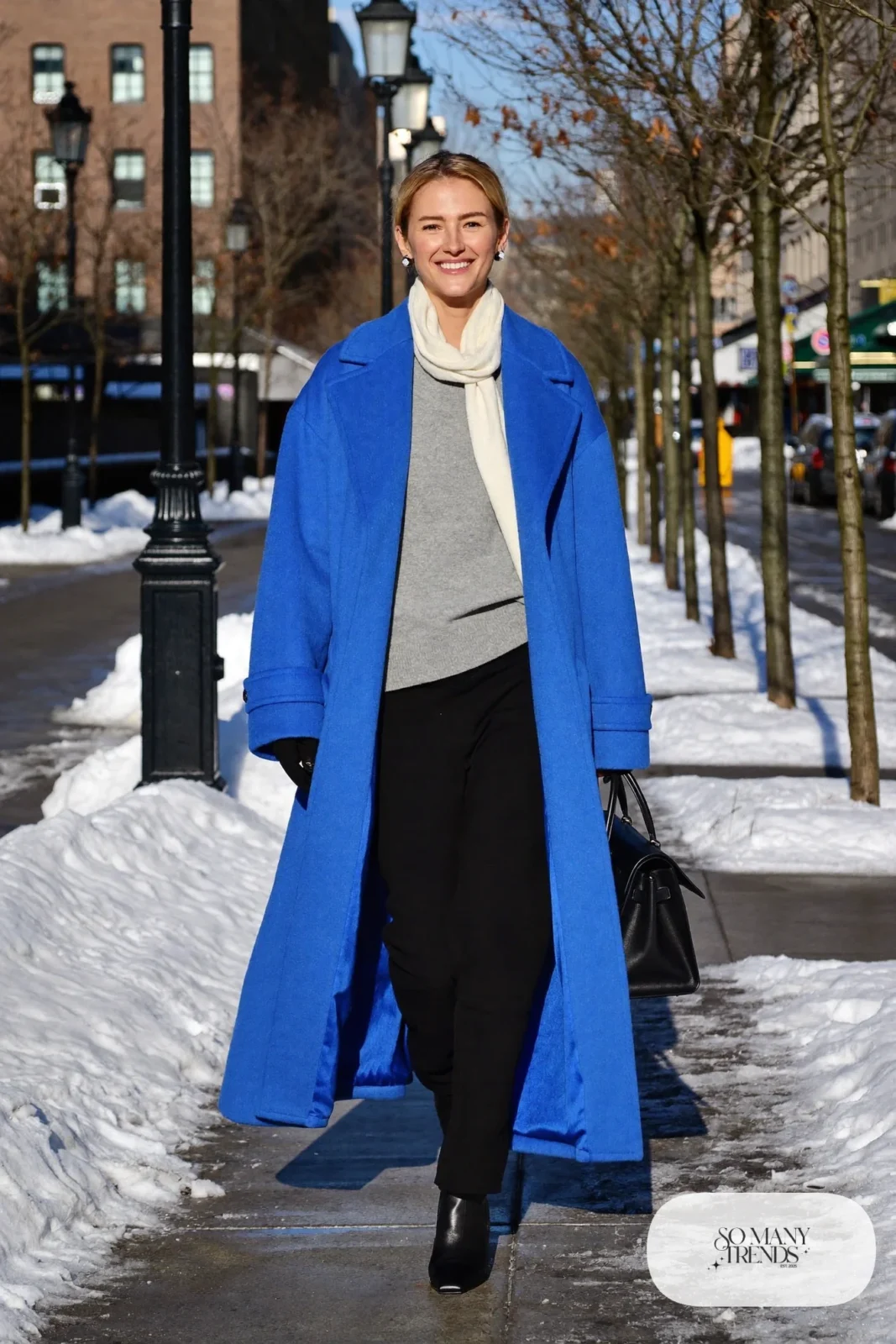 cobalt blue wool coat gray sweater black pants black boots outfit 19