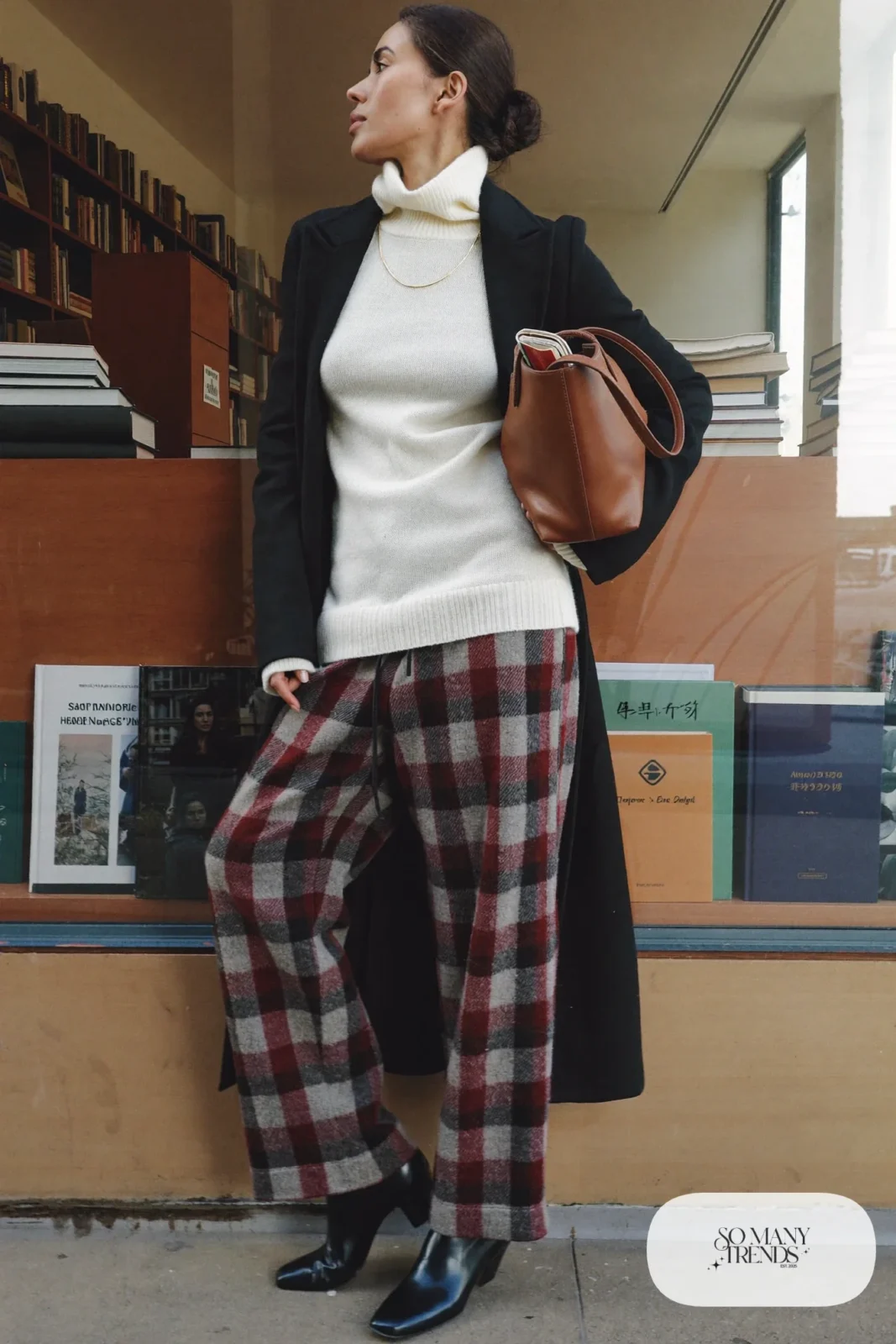 ivory turtleneck gray burgundy plaid wide-leg pants black boots long coat outfit 20