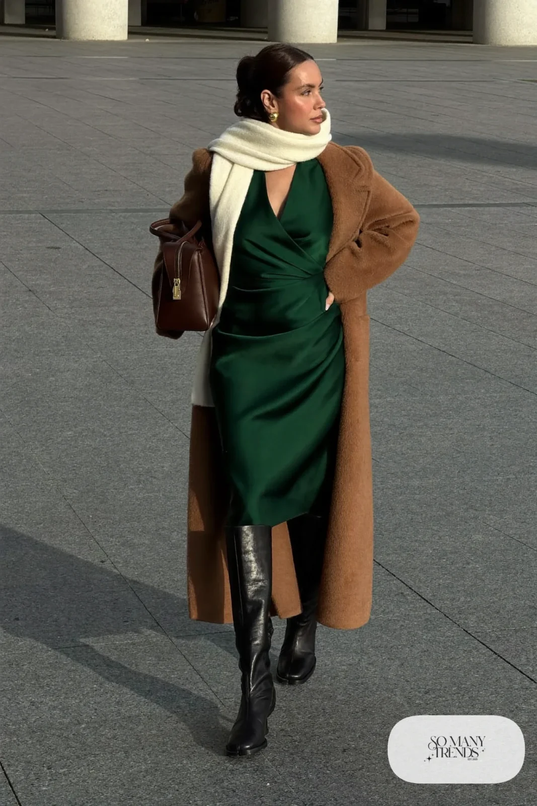 forest green wrap midi dress black tall boots camel coat scarf outfit 22