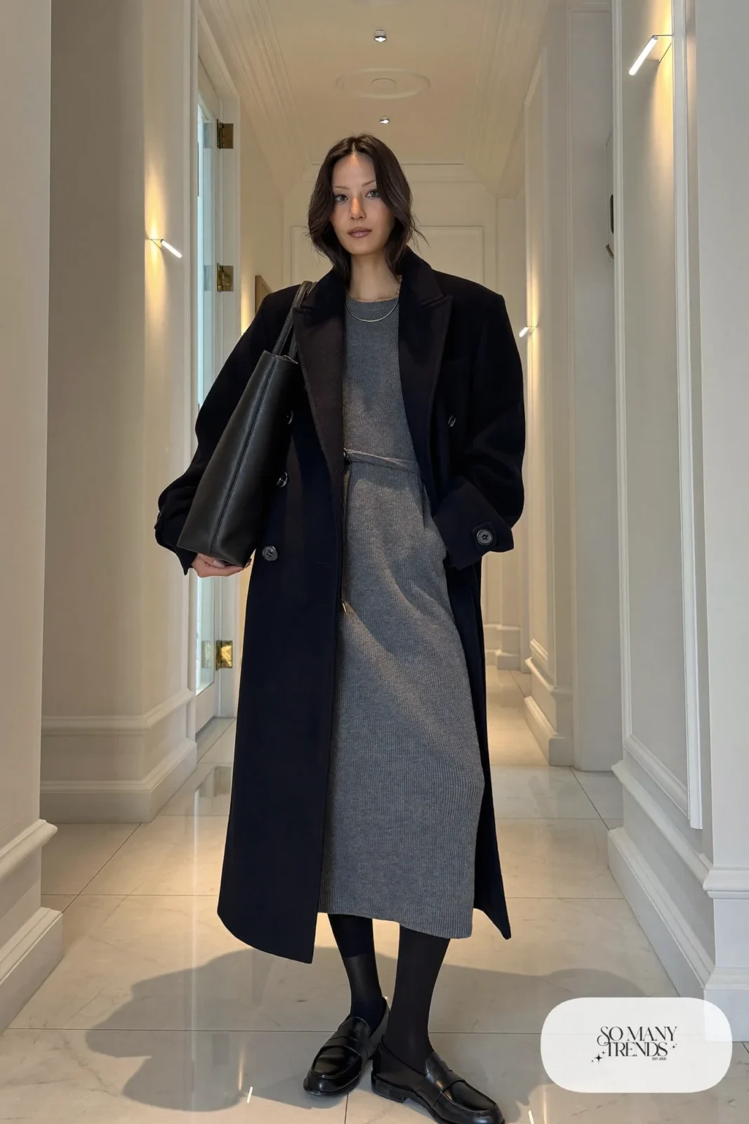 gray sweater dress sheer black tights black loafers long black coat outfit 23