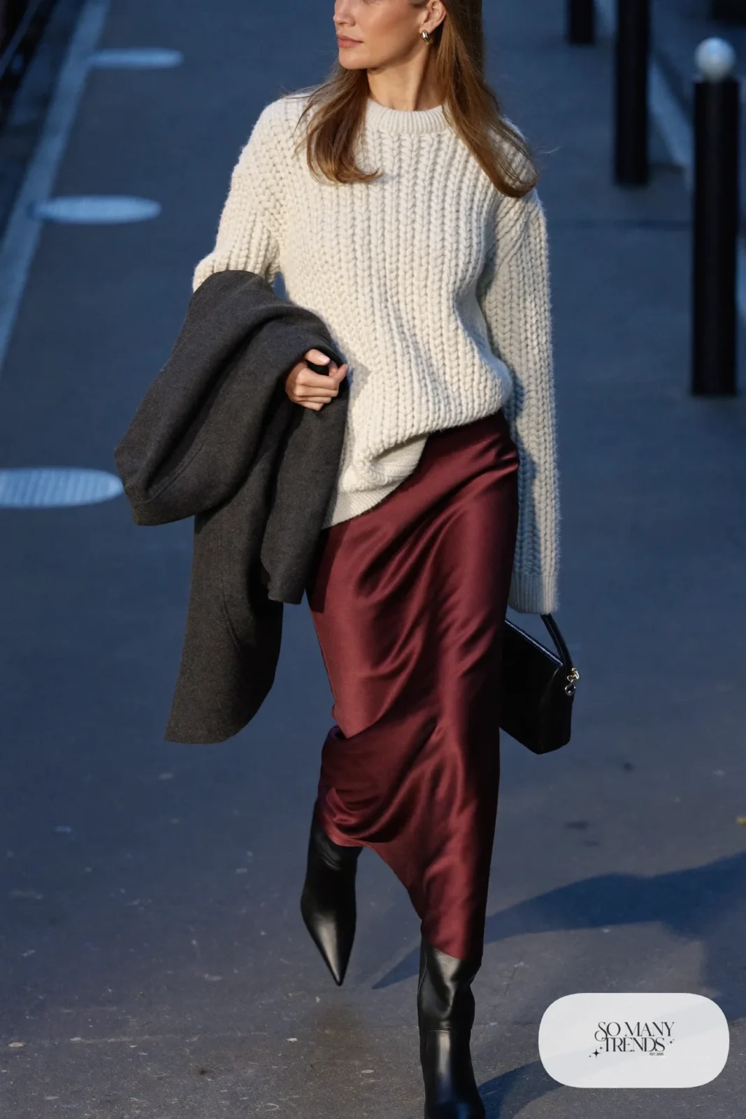 burgundy satin midi skirt cream chunky knit black tall boots belt outfit 24