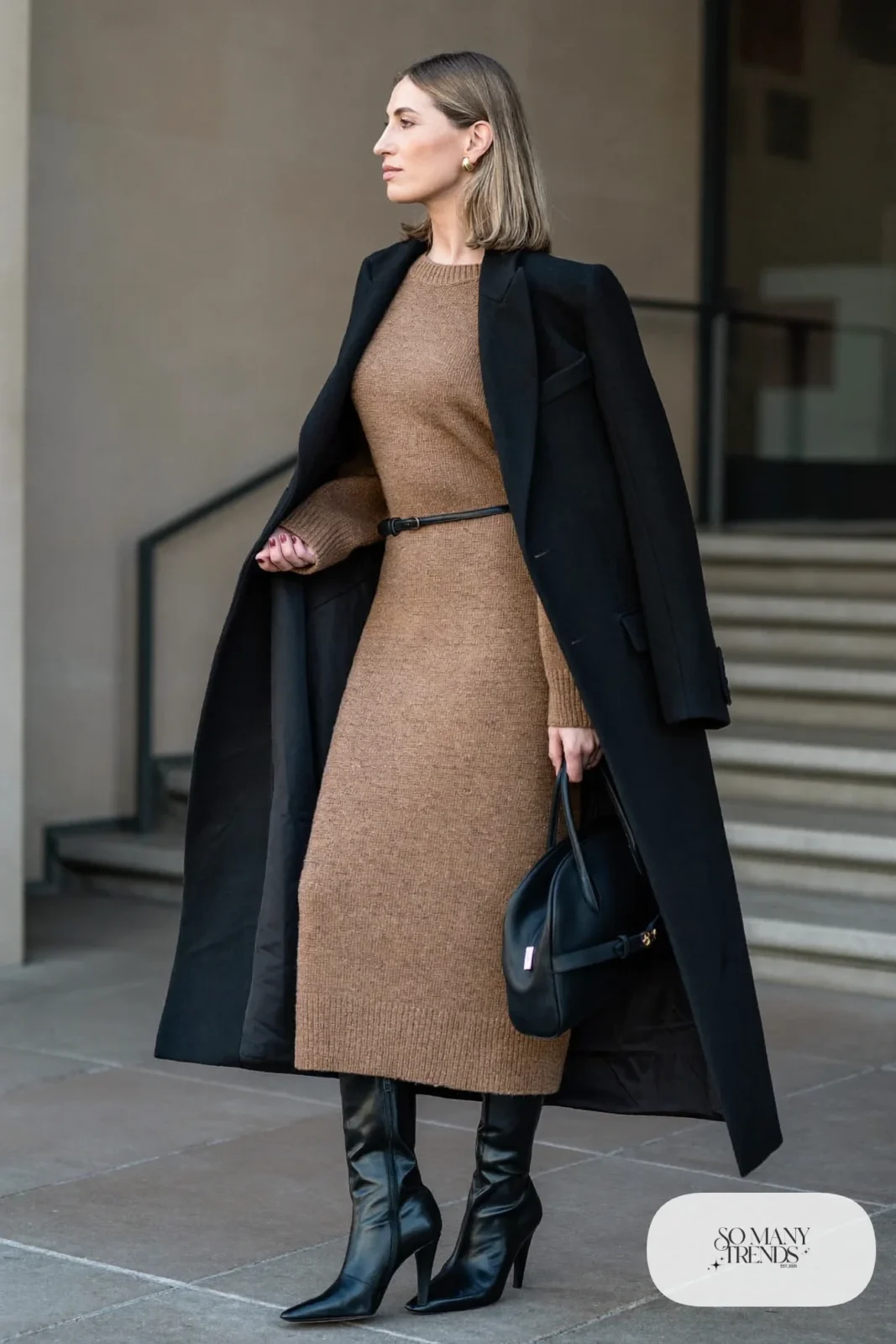 camel fine knit midi dress black belt black long coat black boots outfit 25