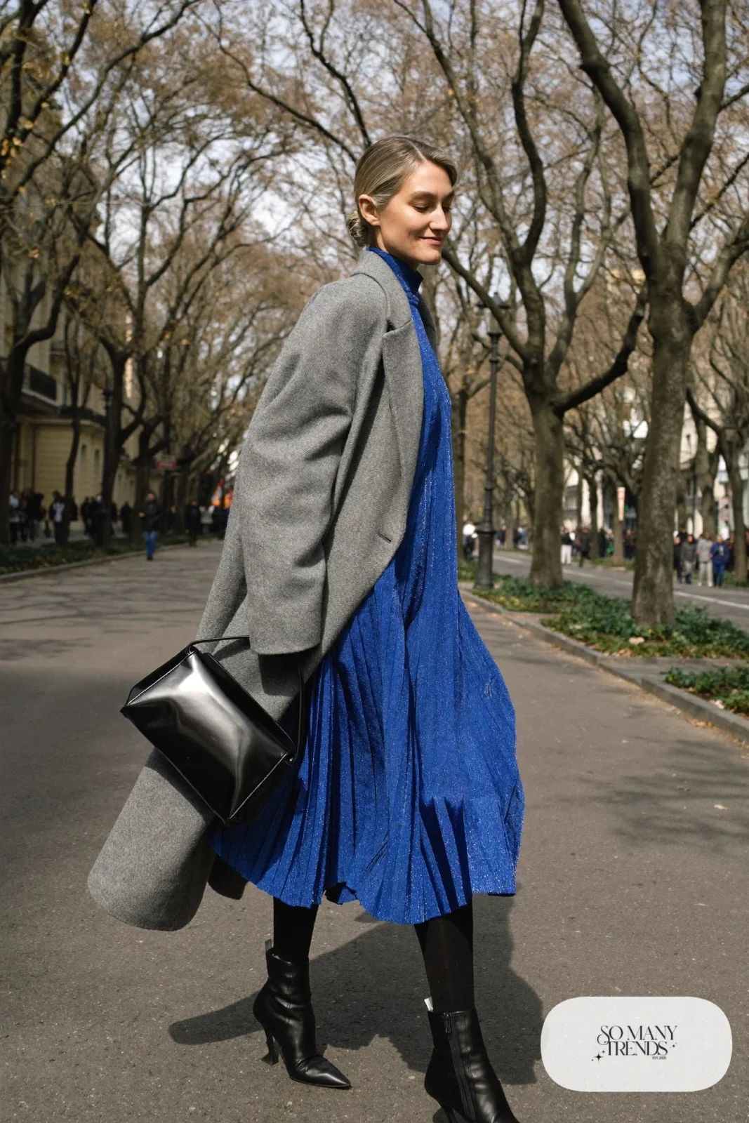 cobalt blue pleated midi dress black tights black boots gray coat outfit 26